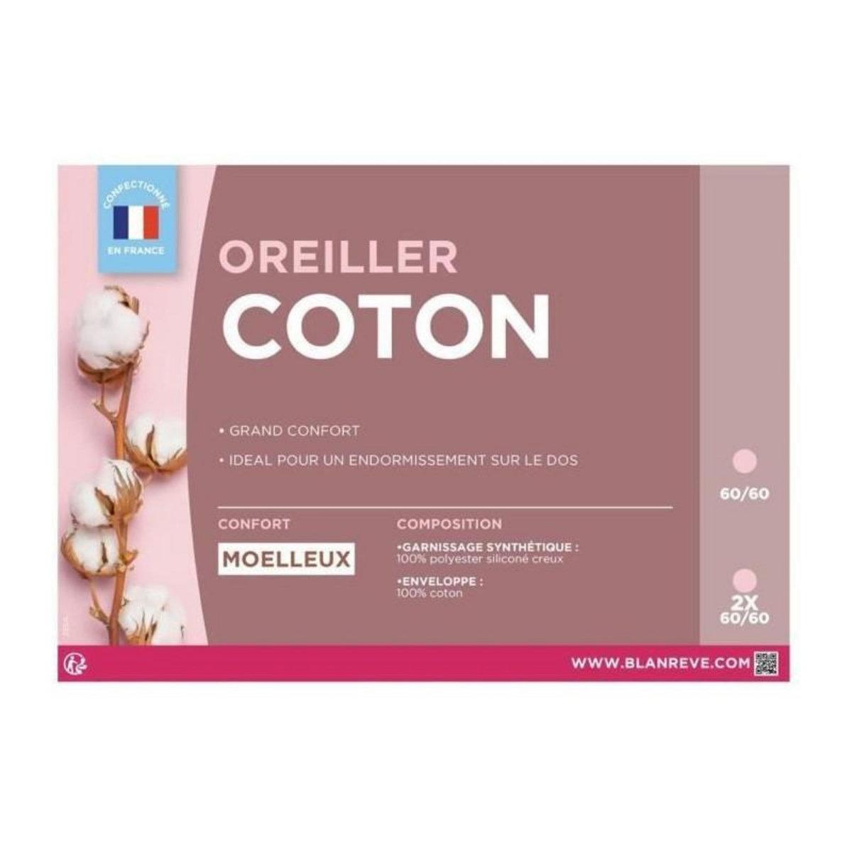 BLANREVE BLANREVE Lot de 2 Oreillers en coton - 60 x 60 cm - Blanc