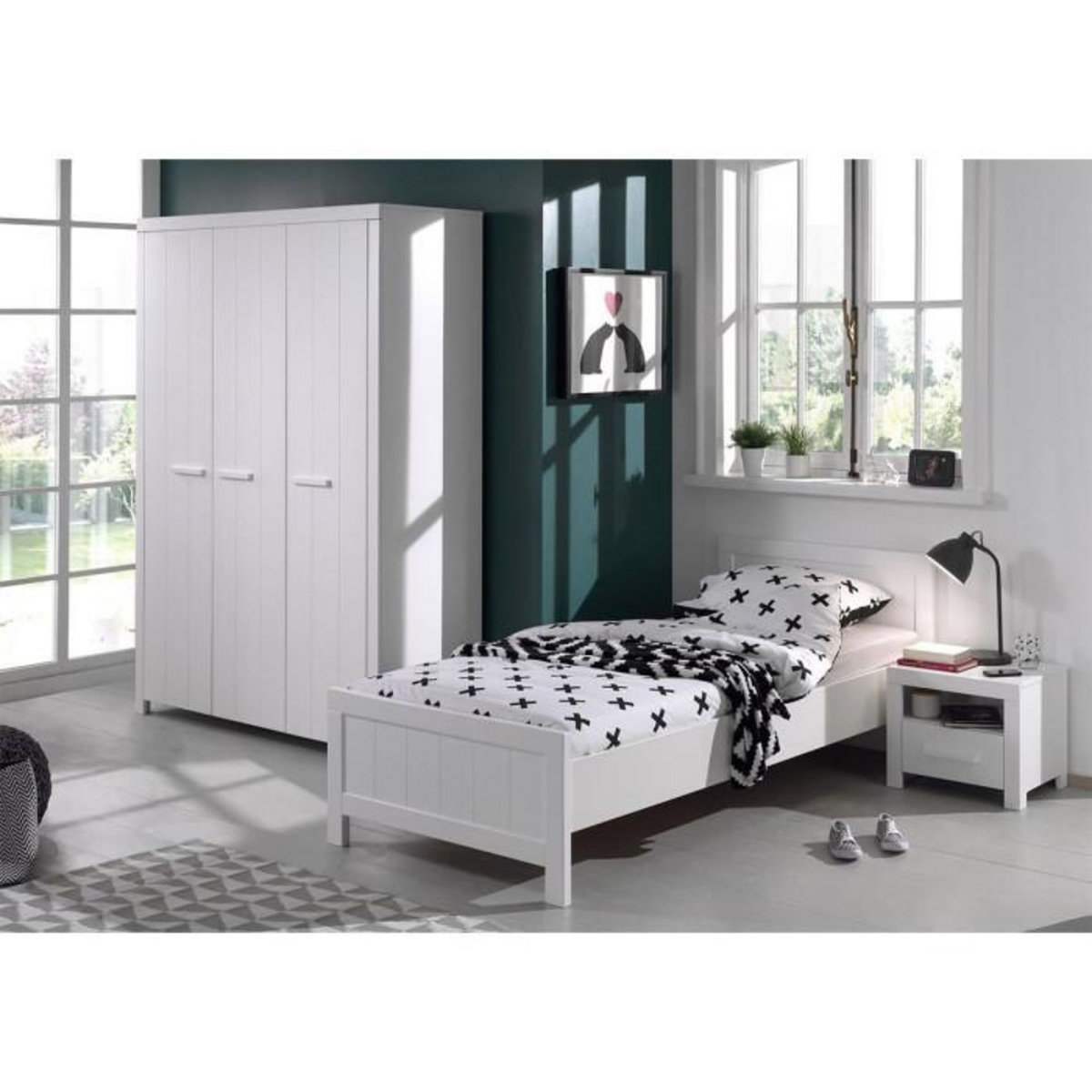 Paris Prix Pack - Lit Enfant, Sommier, Chevet & Armoire  Erik II  90x200cm Blanc