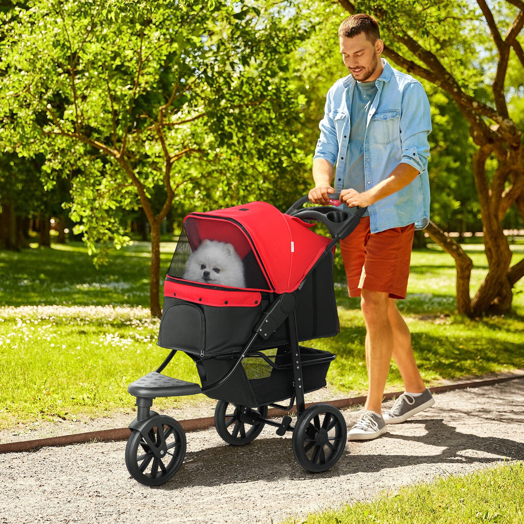 Voir la diapositive 6 : PAWHUT Poussette pour chien pliable 3 roues tout-terrain rouge noir