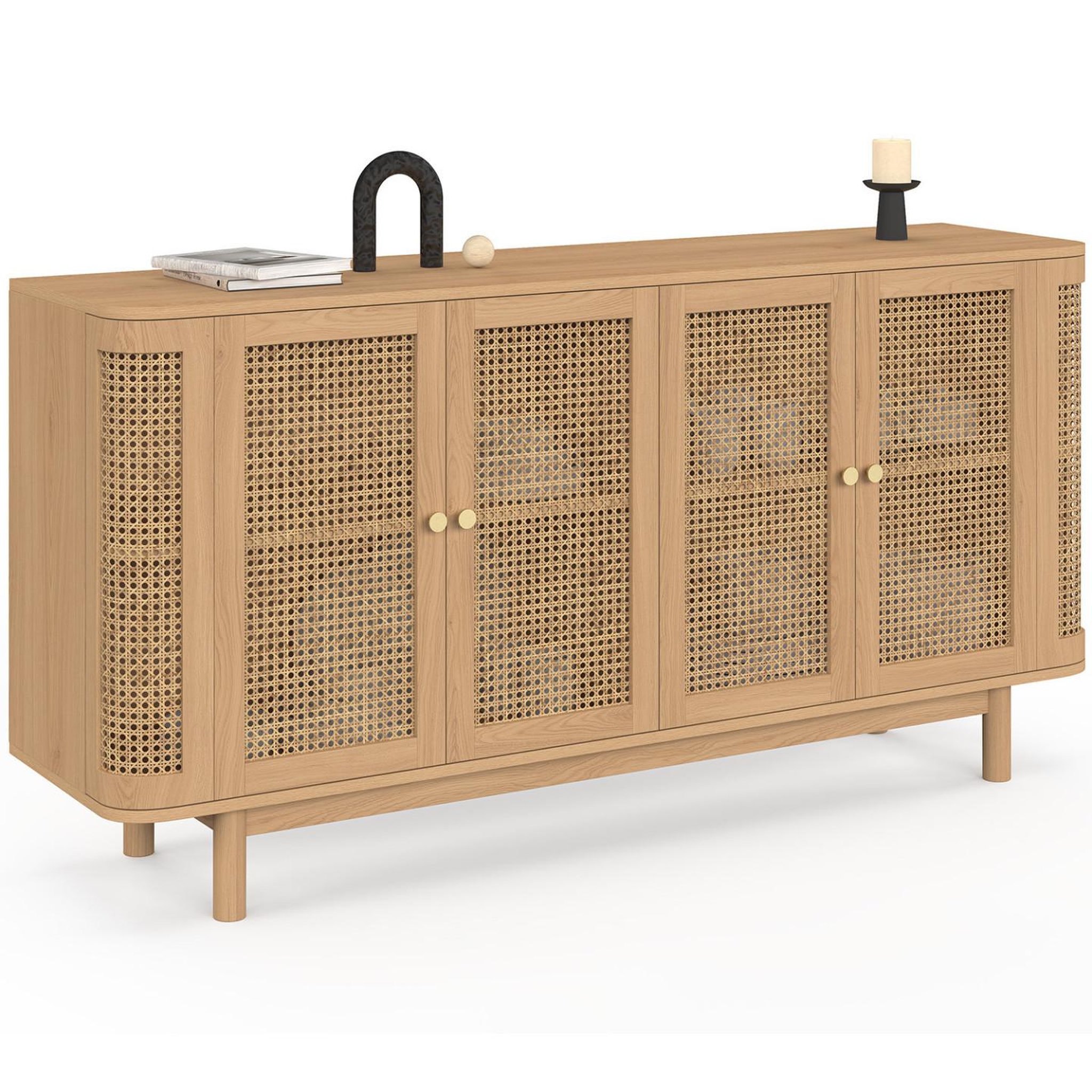 ID MARKET Buffet 160 cm DANA arrondi 4 portes bois et cannage