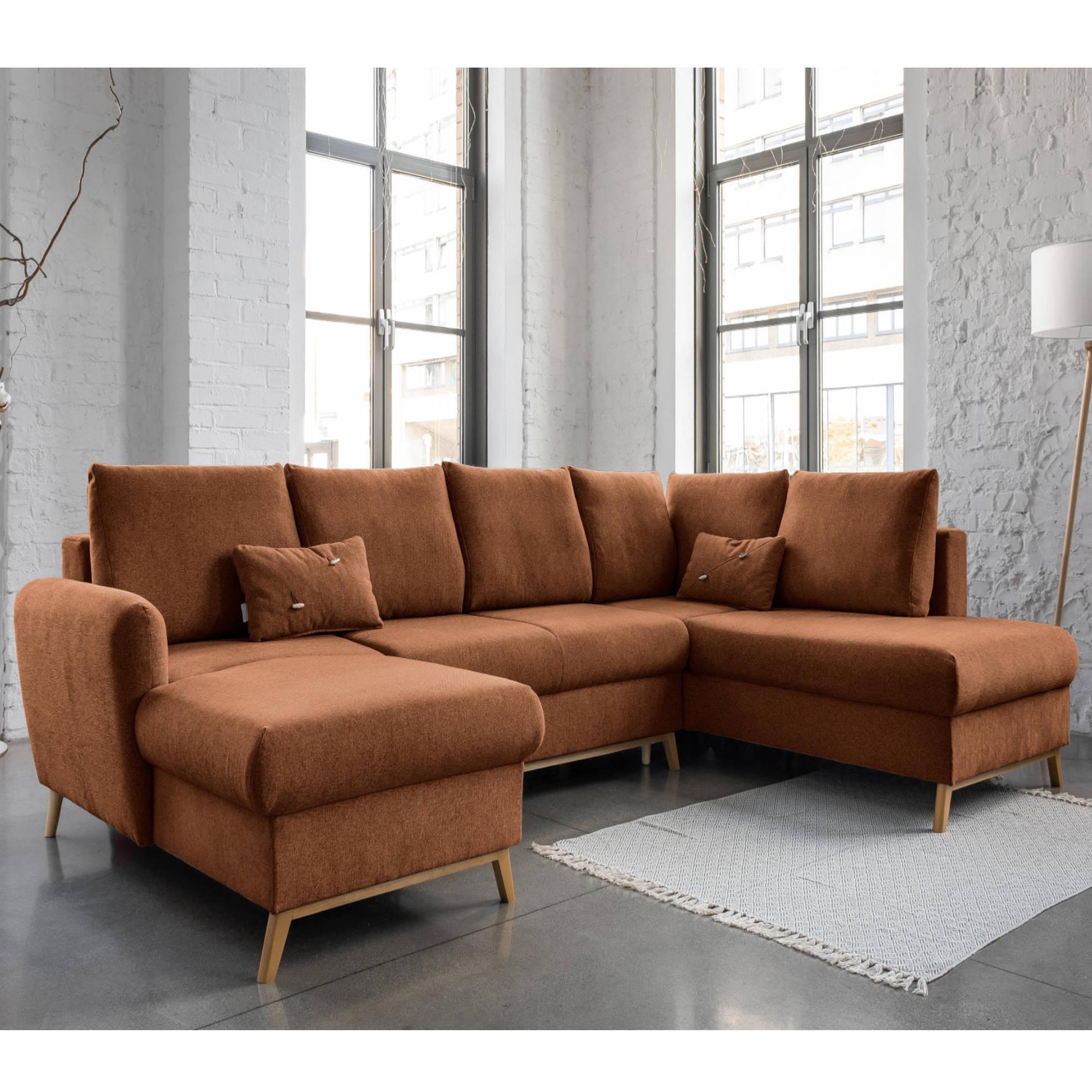 Voir la diapositive 1 : BEST MOBILIER Lagom - canapé d'angle panoramique - convertible - avec coffre - en tissu - 7 places - droit