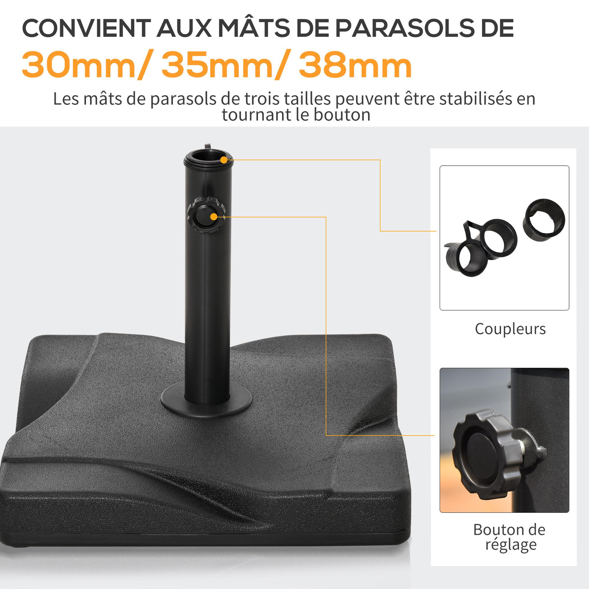Voir la diapositive 6 : OUTSUNNY Pied de parasol base de lestage parasol carré dim. 41,5L x 41,5I x 35H cm poids net 20 Kg ciment HDPE noir