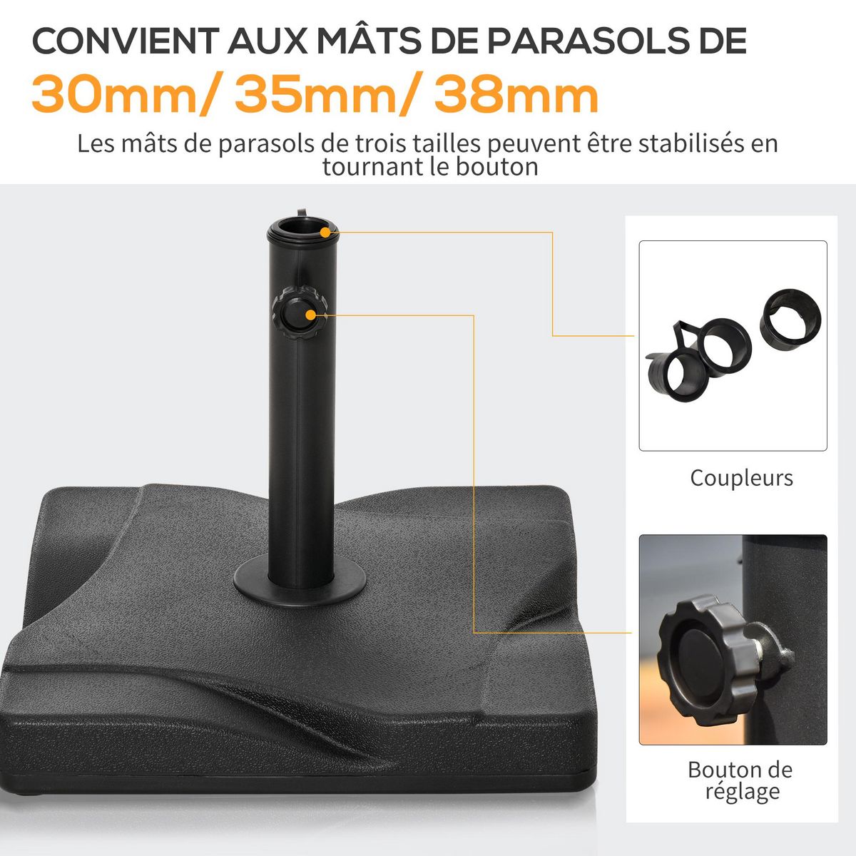 OUTSUNNY Pied de parasol base de lestage parasol carré dim. 41,5L x 41,5I x 35H cm poids net 20 Kg ciment HDPE noir