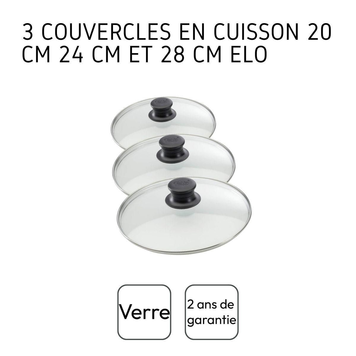 ELO Set de 3 couvercles de cuisson en verre 20 cm 24 cm et 28 cm Elo
