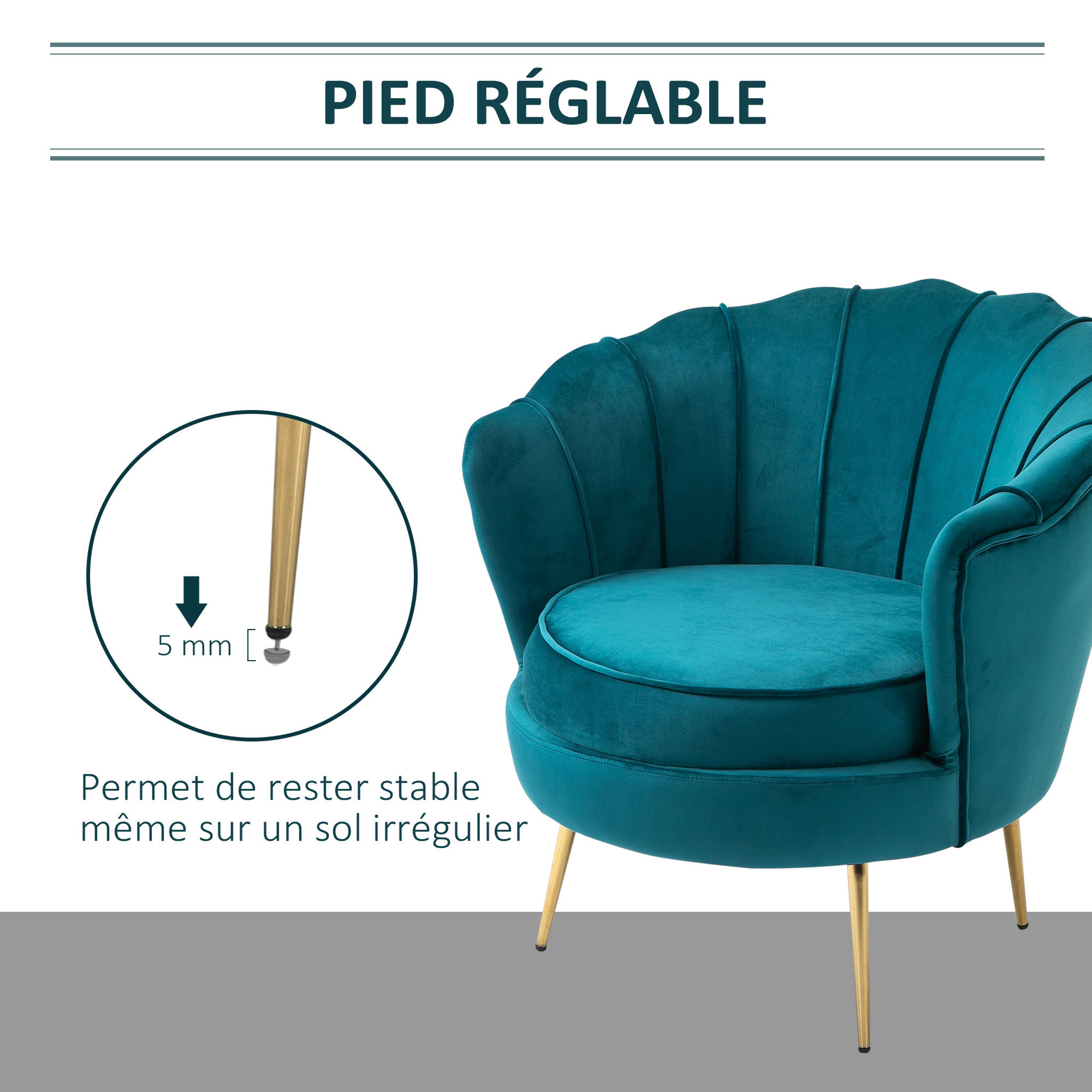 Voir la diapositive 5 : HOMCOM Fauteuil coquillage fauteuil design dim. 79L x 77l x 77H cm pieds dorés effilés velours bleu canard
