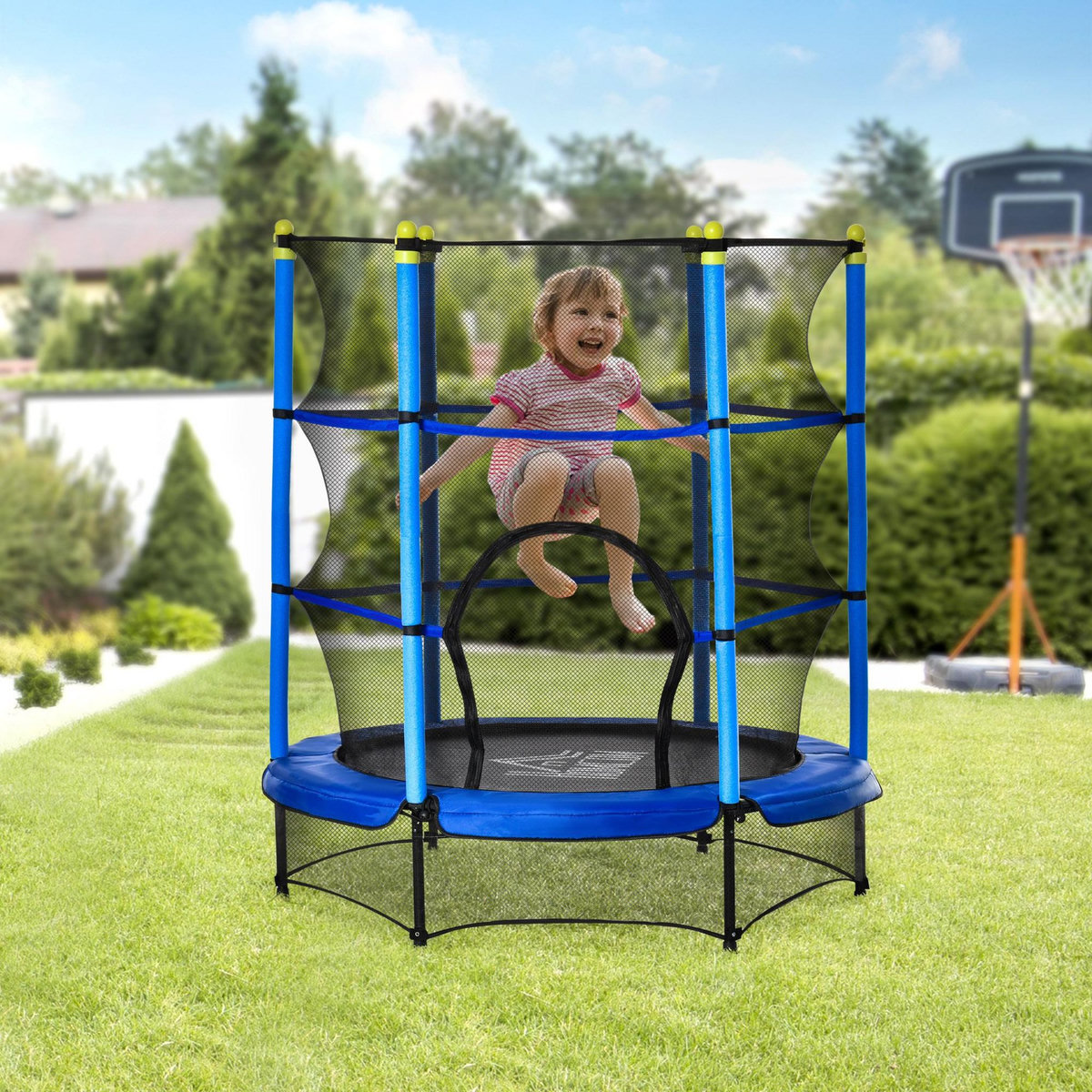 HOMCOM Trampoline enfant Ø 1,40 × 1,60H m filet de sécurité porte zipée couvre-ressorts 6 poteaux rembourrés inclus bleu