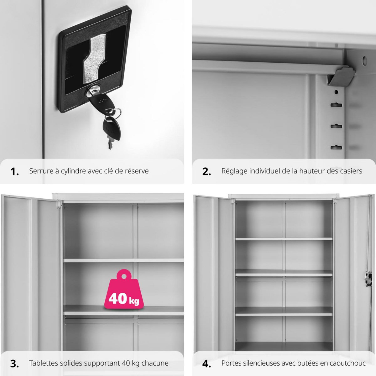 tectake Armoire de classement en métal en acier lâqué époxy gris