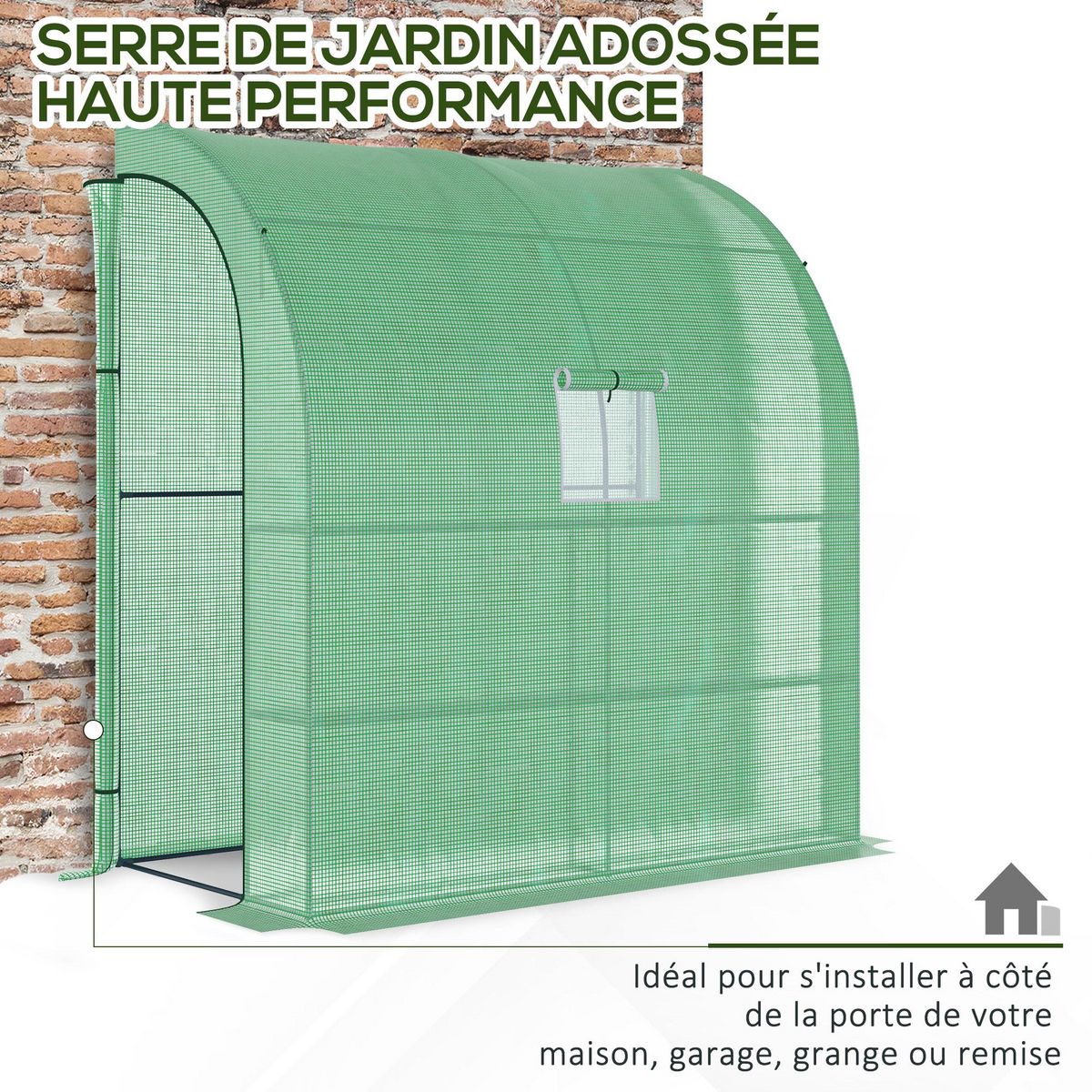OUTSUNNY Serre de jardin adossée serre adossée dim. 2L x 1l x 2,13H m 4 étagères 2 portes zippées 1 fenêtre acier PE haute densité vert