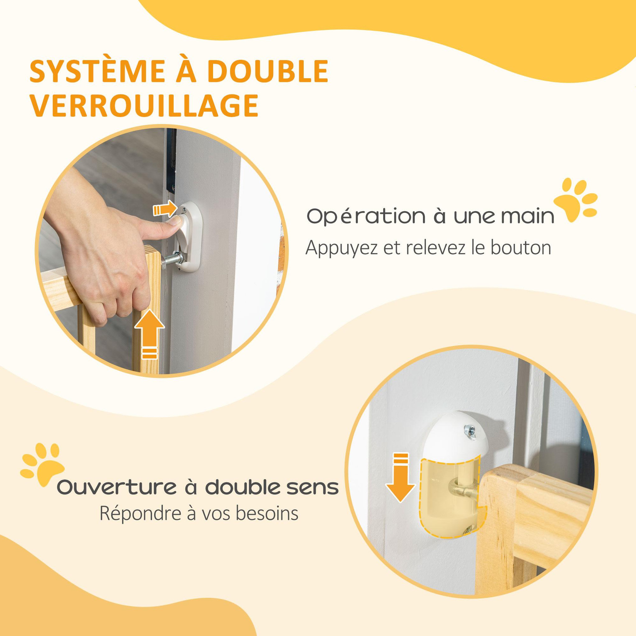 Voir la diapositive 6 : PAWHUT Barrière de sécurité animaux - longueur réglable dim. 60,5-102 cm - porte verrouillable, ouverture double sens - bois de pin