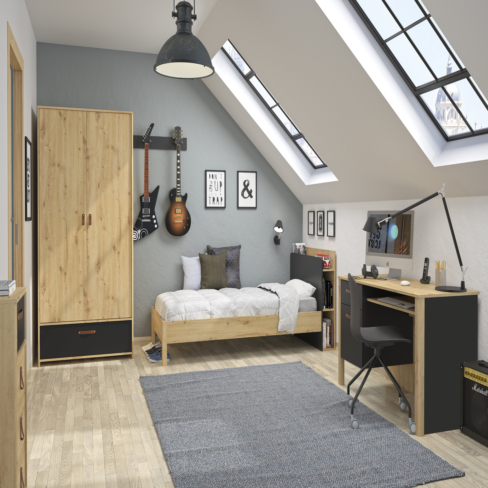 Voir la diapositive 3 : Armoire 2portes 1 tiroir  L102xH200xP60cm MARCUS