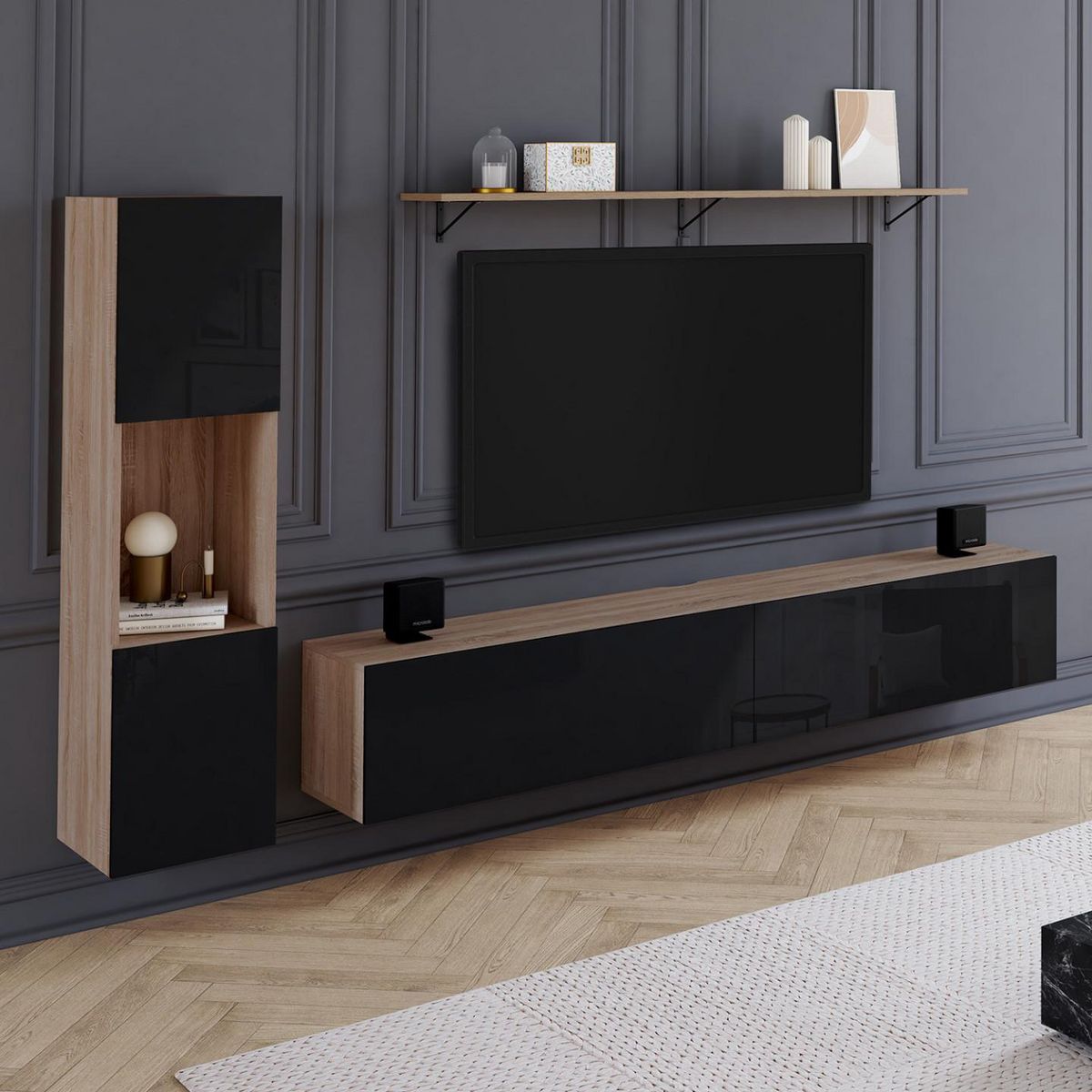 ID MARKET Ensemble meuble TV 180 cm avec colonne et étagère ELIO bois et noir