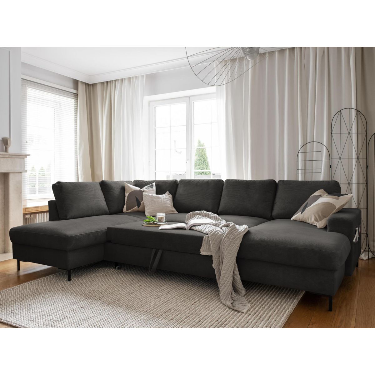 BEST MOBILIER Lilly - canapé panoramique d'angle gauche - 7 places - convertible avec coffre - en velours côtelé