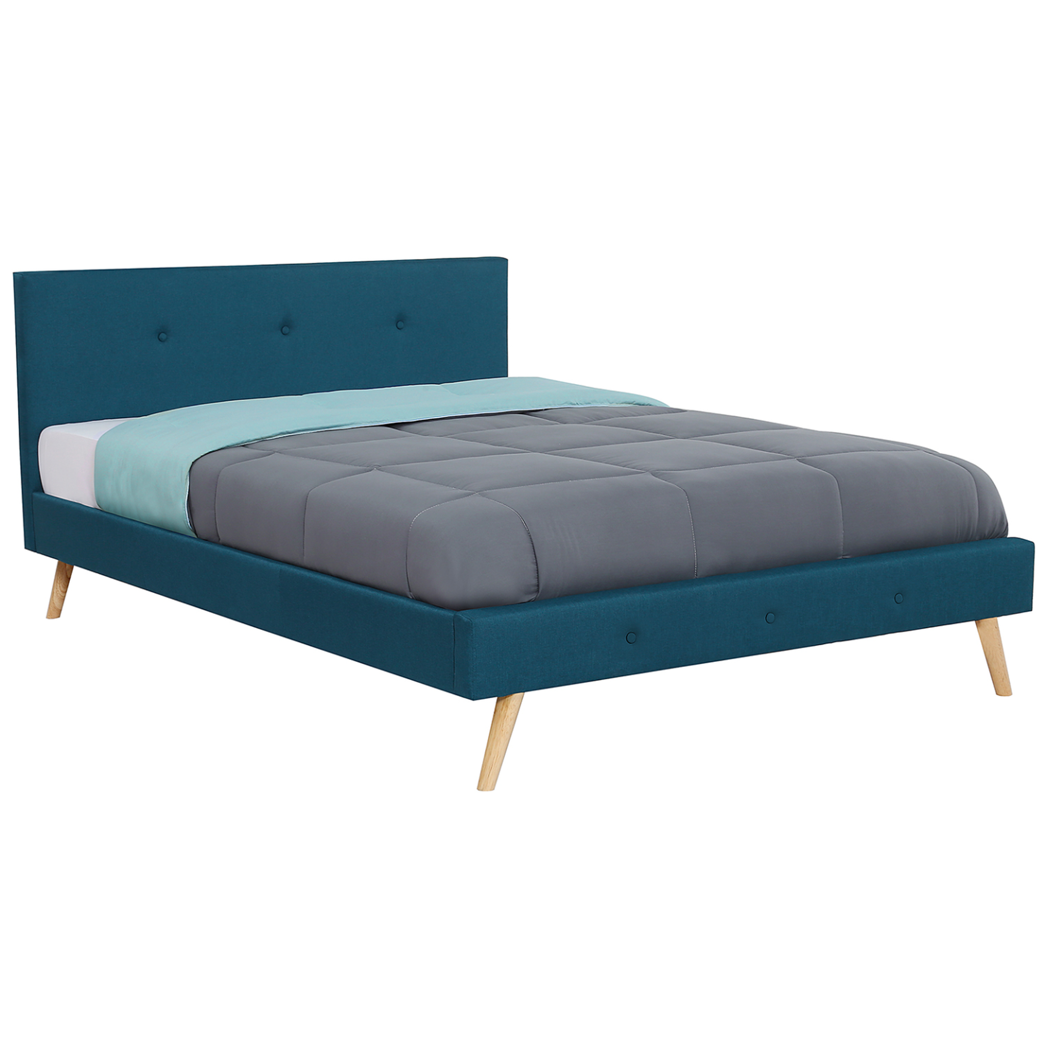 ID MARKET Lit double scandinave oslo avec tête de lit et sommier 140 x 190 cm tissu bleu canard