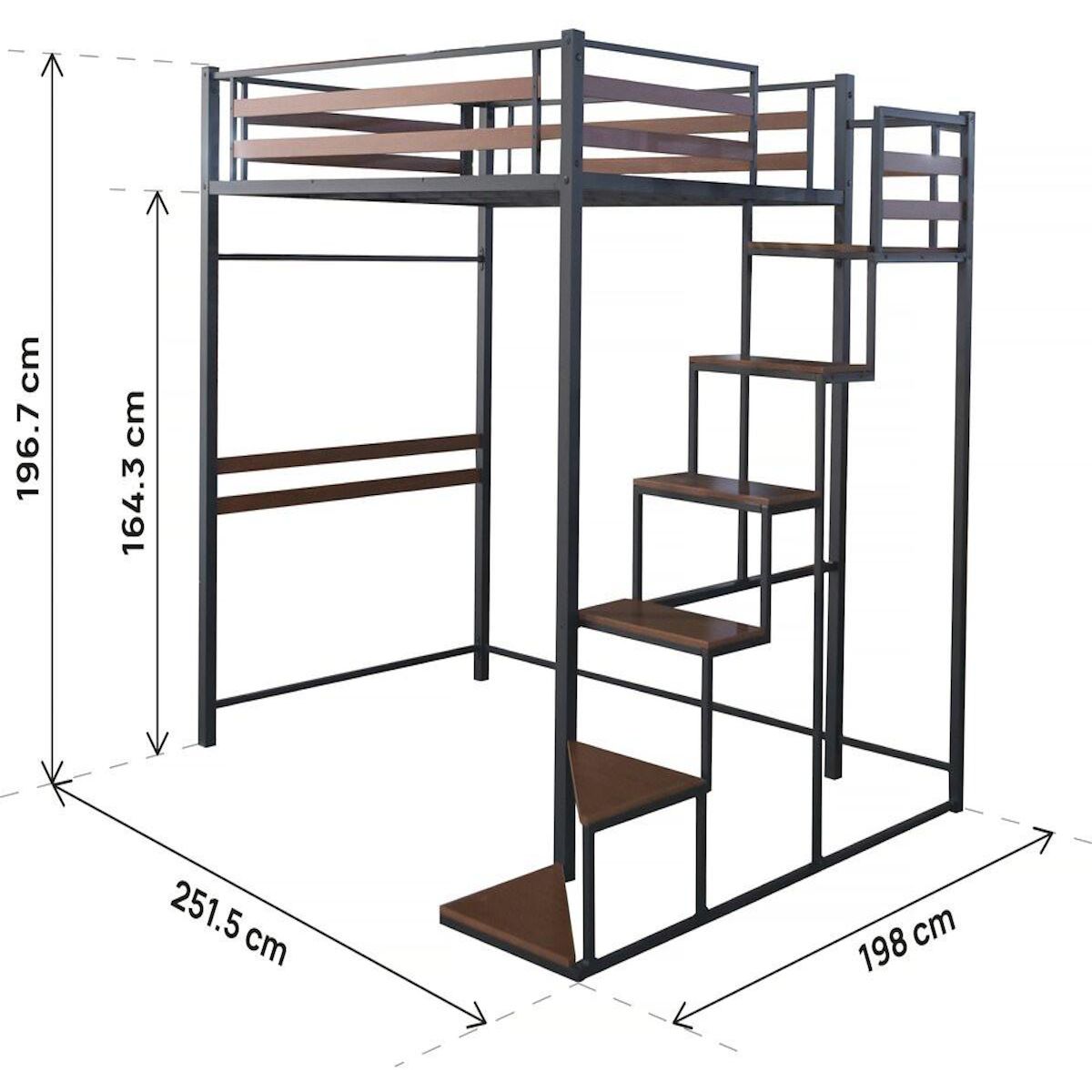 Habitat et Jardin Lit mezzanine en métal avec escalier  LENA  - 140 x 190 cm - Noir et marron noyer