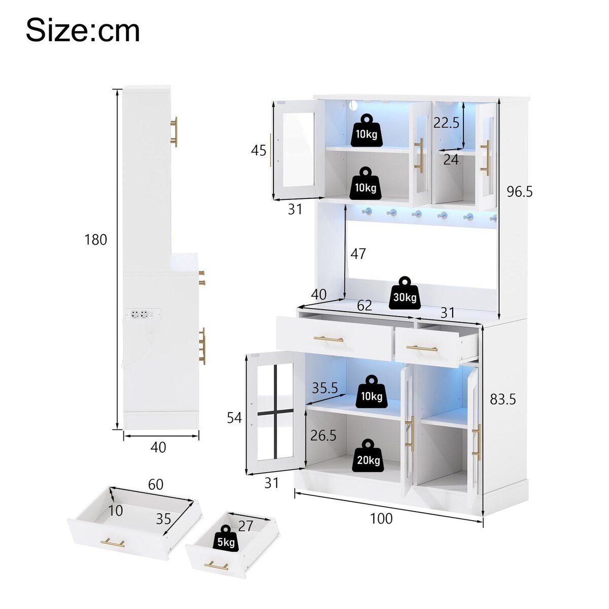 MERAX Buffet de cuisine 6 portes 2 tiroirs - 100 cm blanc led mdf