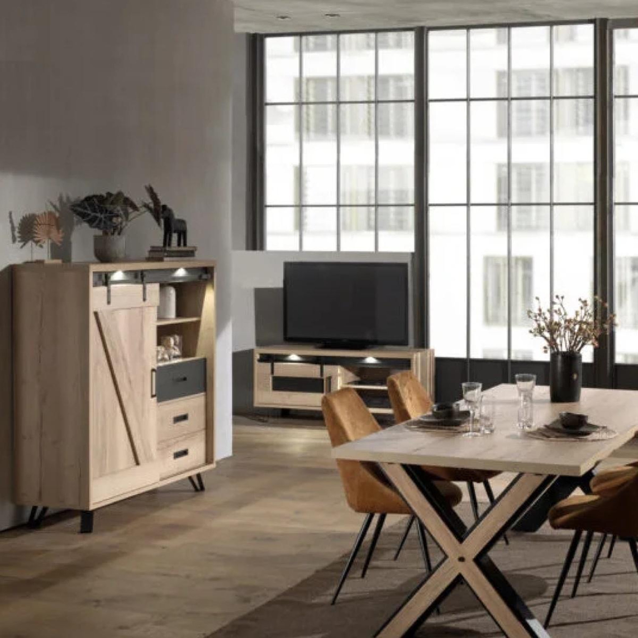 Voir la diapositive 3 : JLC KREATION Buffet haut décor chêne avec LED 2 portes COSTA