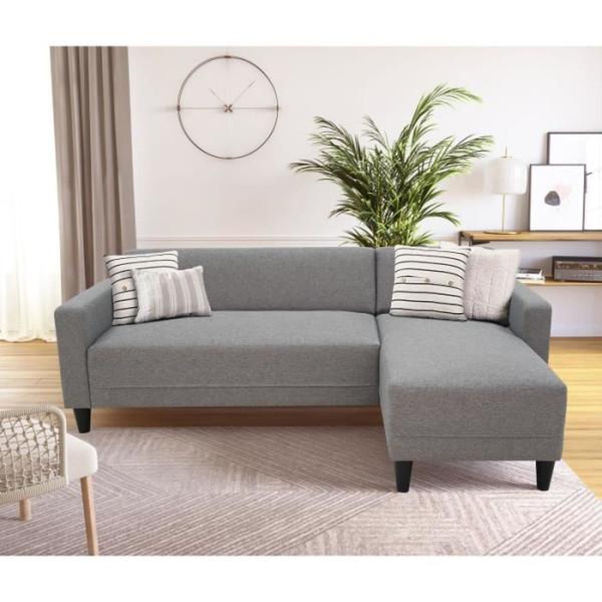 Voir la diapositive 2 : MARKET24 Canapé d'angle fixe 4 places BOB - Tissu souris - Réversible - L 197 x P 117 x H 65 cm