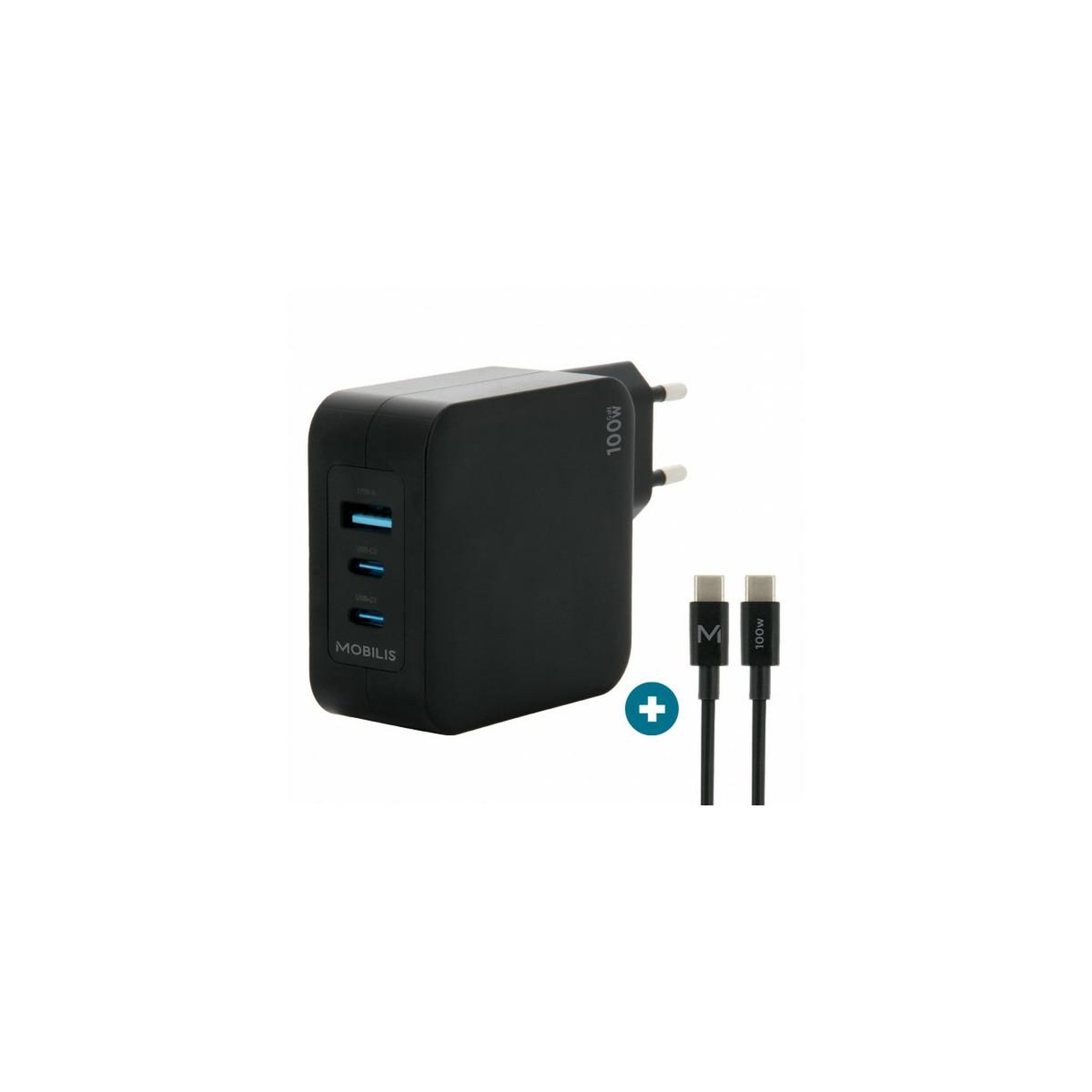 Voir la diapositive 2 : MOBILIS Mobilis charger 100w 2usb c 1usba gan cable 100w ordinateur portable, smartphone, tablette noir secteur intérieure