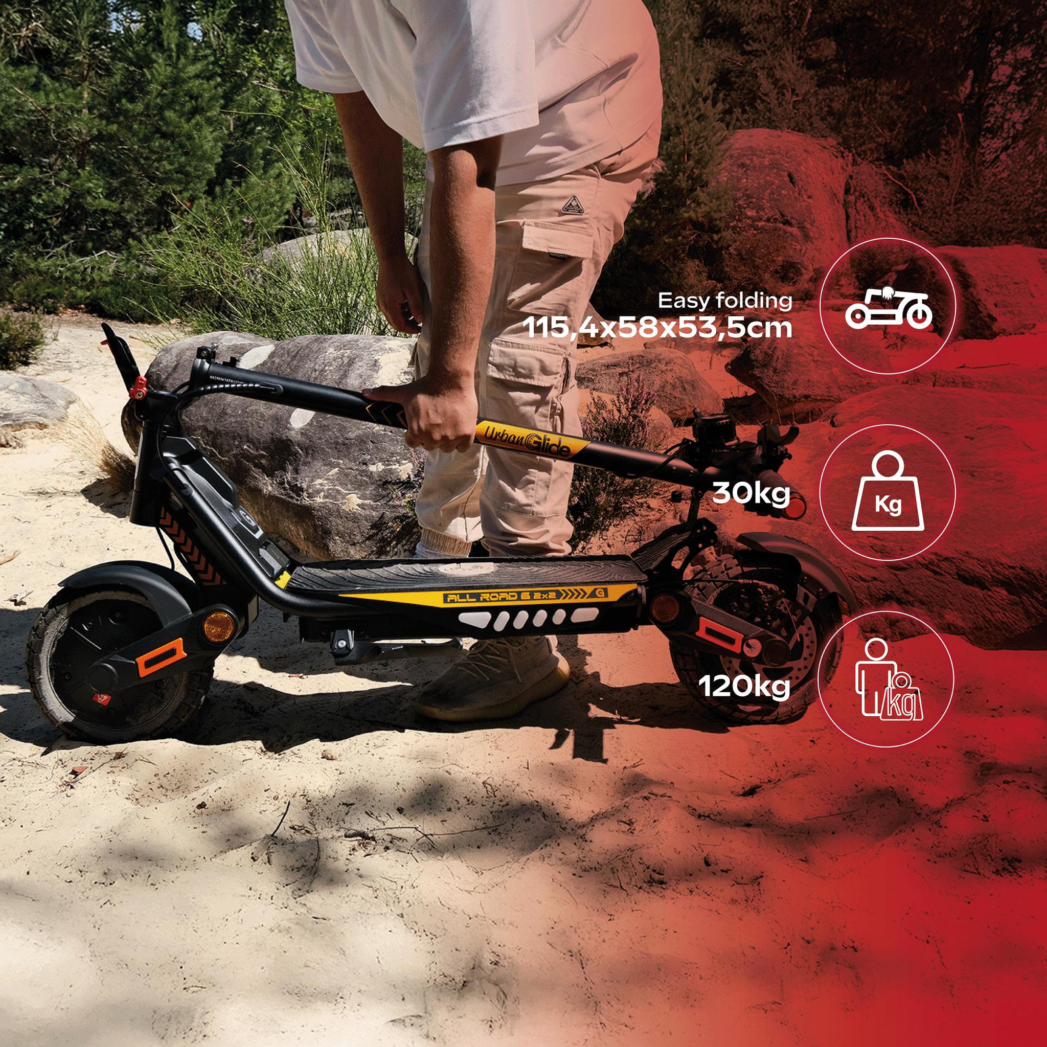Voir la diapositive 2 : URBANGLIDE Trottinette électrique adulte urbanglide all road 6 2x2 - autonomie jusqu'a 80 km - pneu cross 10  tubeless - batterie 54v - poids 30kg