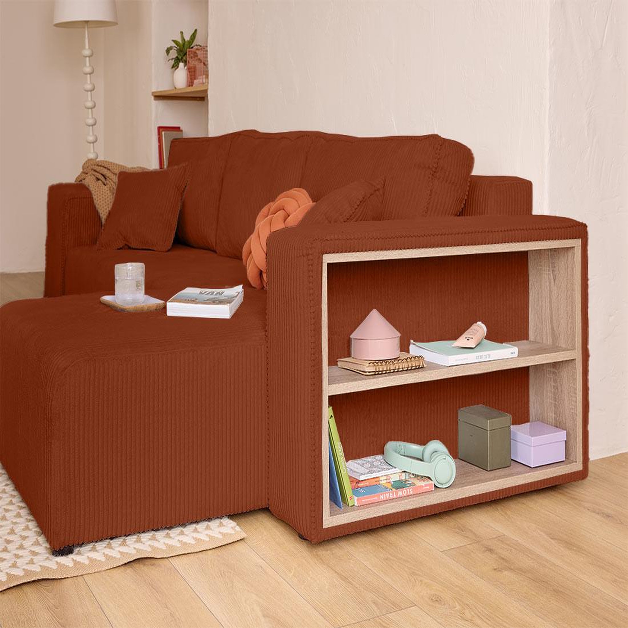 Voir la diapositive 4 : BEST MOBILIER Topaze - canapé d'angle réversible 4 places - convertible avec coffre, tablette et poufs - en velours côtelé