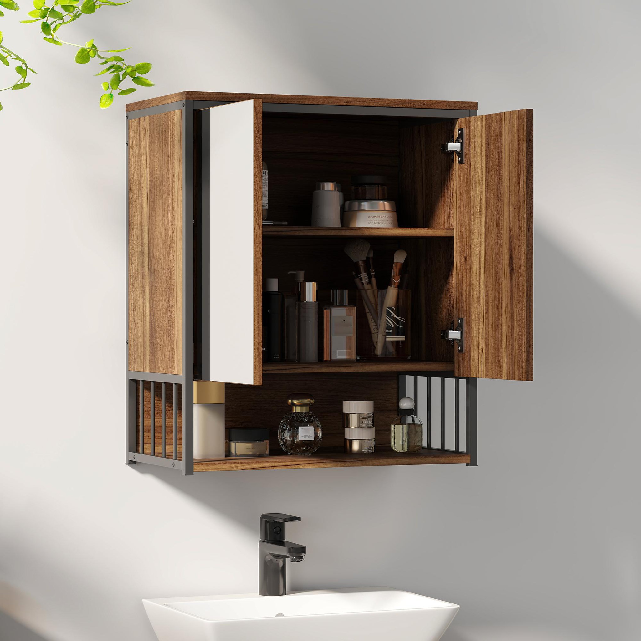 Voir la diapositive 4 : HOMCOM Armoire miroir murale salle de bain 2 portes design - étagère, niche - métal noir effet bois noyer