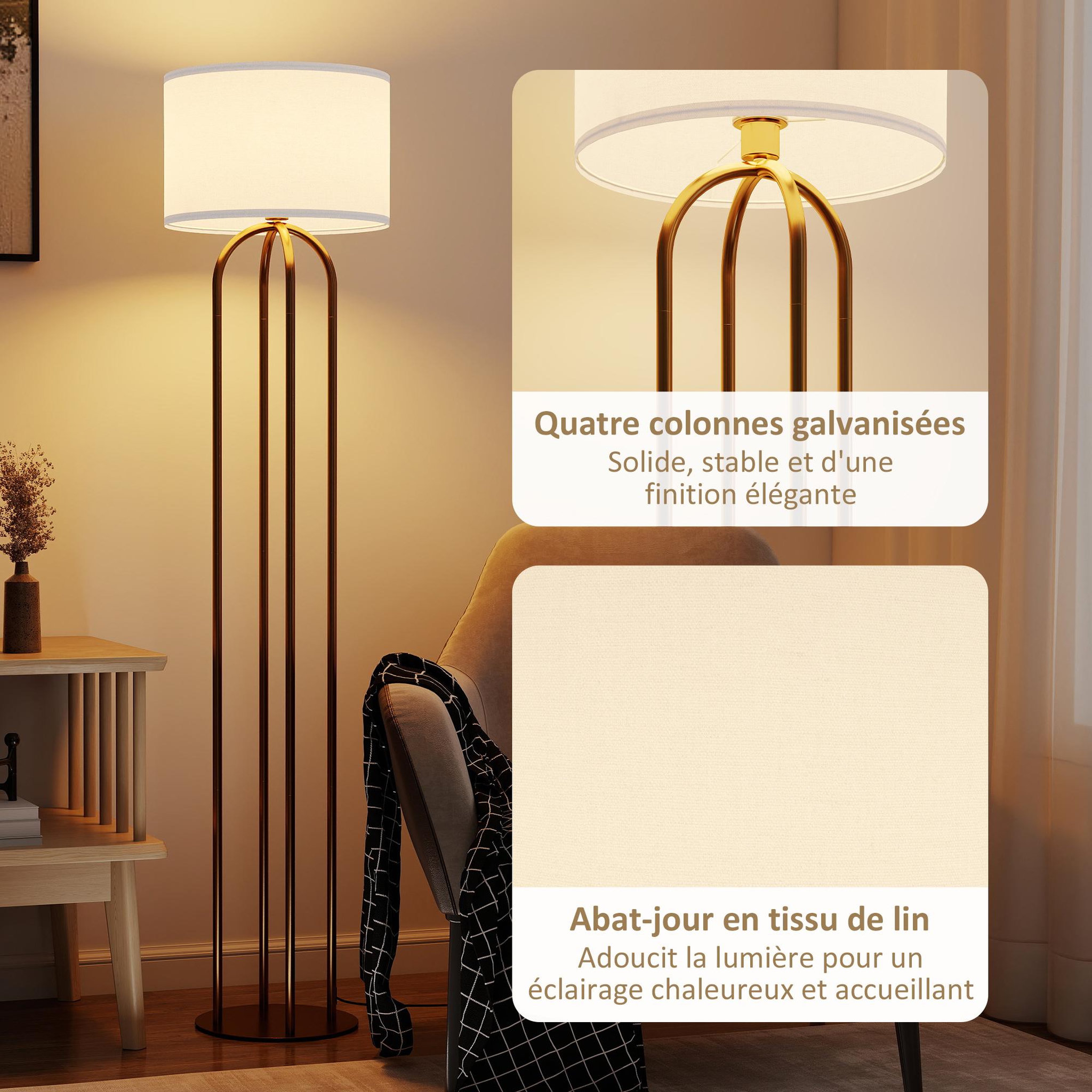 Voir la diapositive 6 : HOMCOM Lampadaire design métal doré 4 pieds base abat-jour circulaire lin beige dia. 38 x h.161 cm