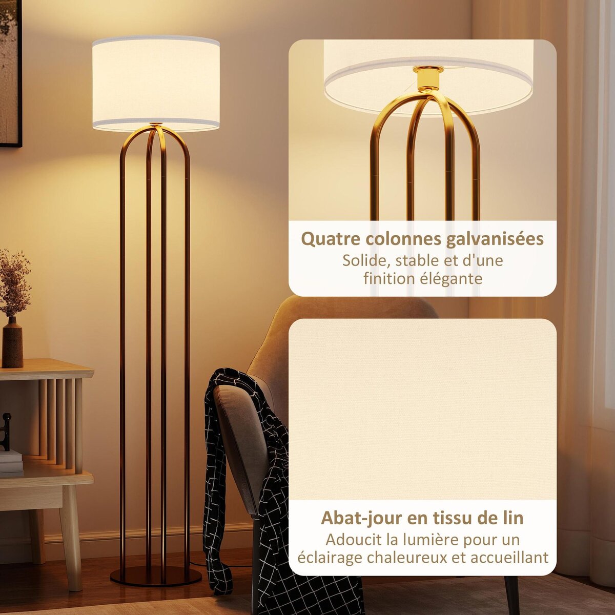 HOMCOM Lampadaire design métal doré 4 pieds base abat-jour circulaire lin beige dia. 38 x H.161 cm