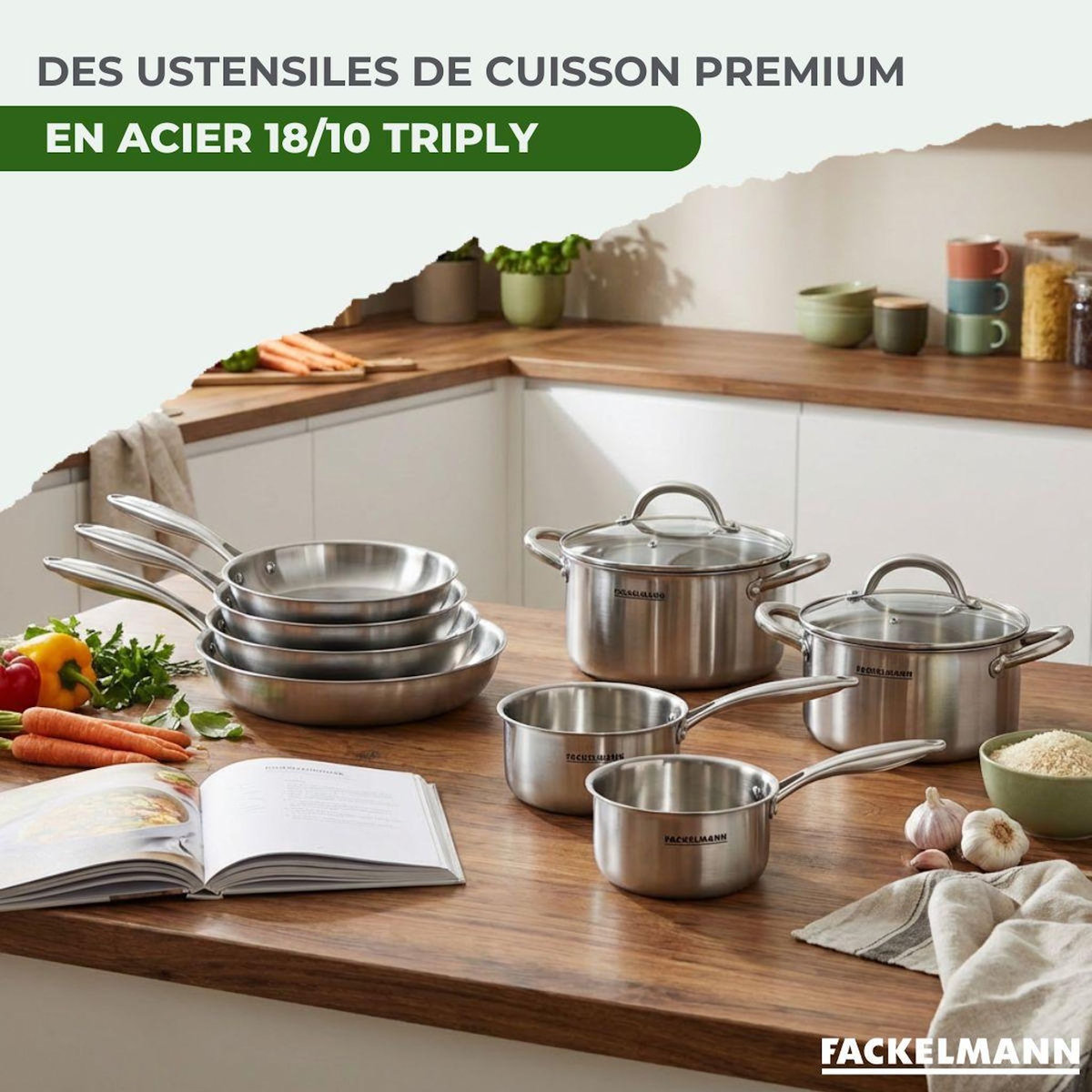 Fackelmann 4 poêles à Frire 20 24 26 et 28 cm, Casseroles 14 et 18 cm inox 18/10, Faitouts 20 et 24 cm inox 18/10 Triply, Couvercle Fackelmann Vita3