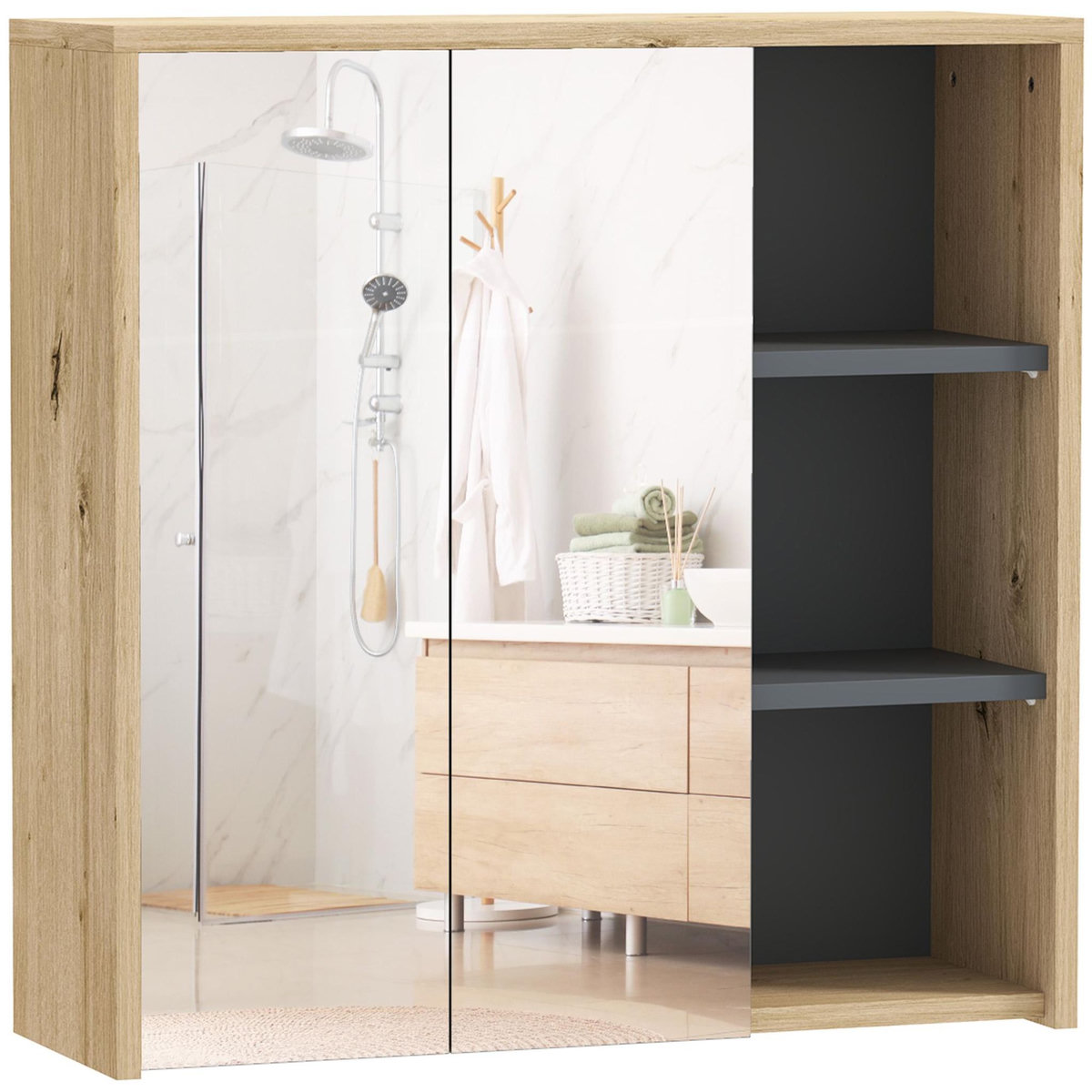 HOMCOM Armoire miroir de salle de bain - 2 portes, étagère, 3 niches - dim. 60 x 20 x 60 cm - effet bois clair naturel