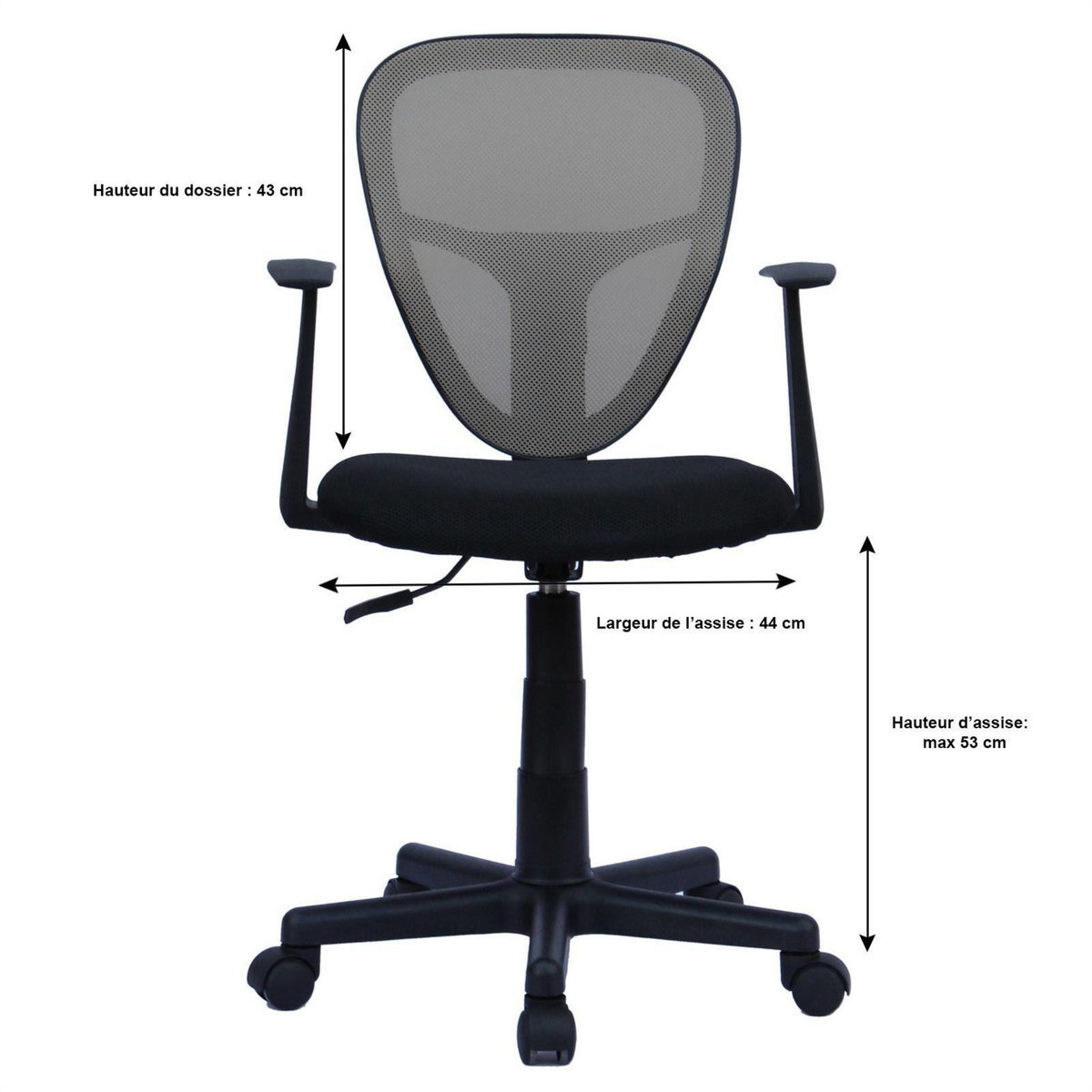 IDIMEX Chaise de bureau enfant STUDIO fauteuil pivotant et ergonomique avec accoudoirs, siège à roulettes hauteur réglable, mesh noir/gris