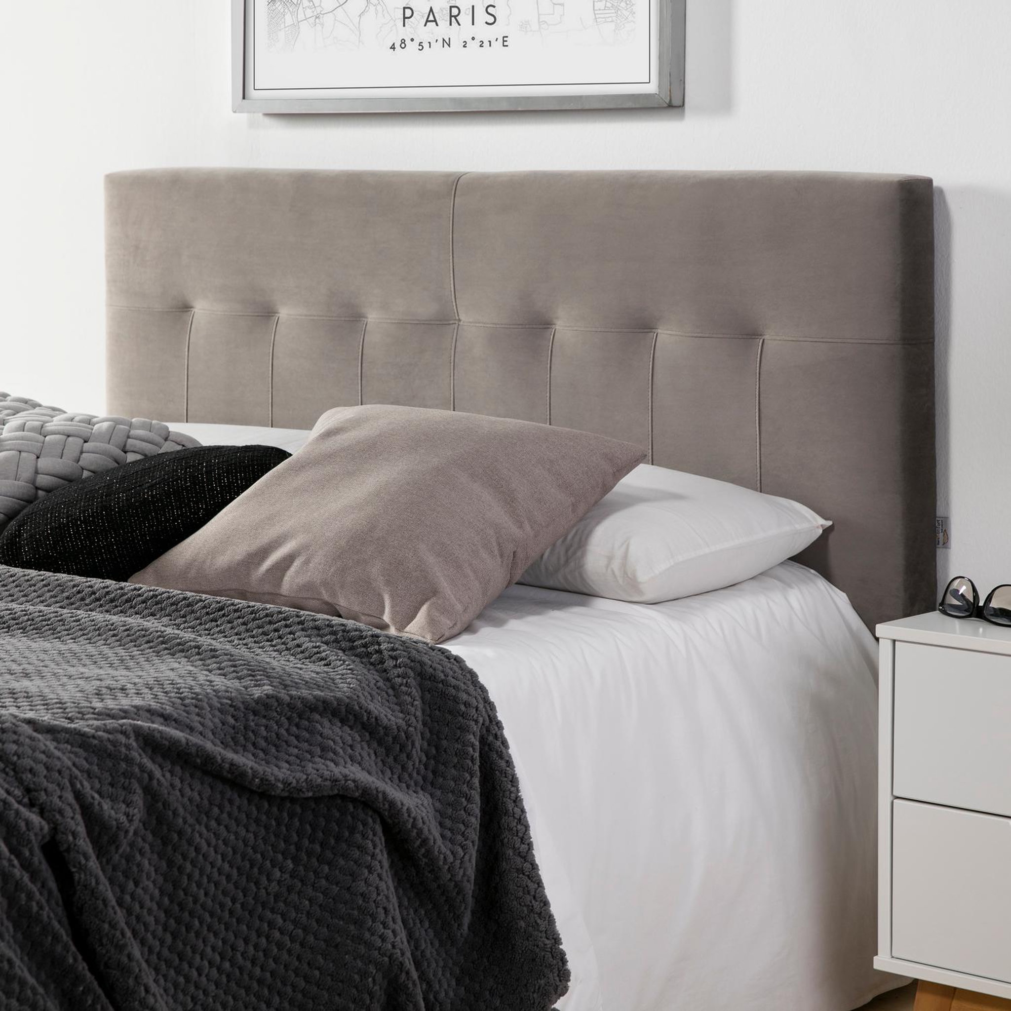 MARCKONFORT Tête de lit tapissée Napoles 140x100 cm Gris, Velours, Pieds en Bois