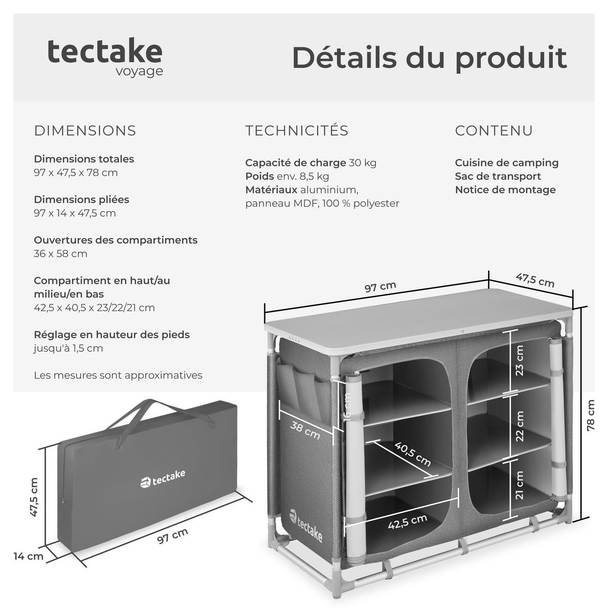 tectake Meuble de camping deluxe avec 6 compartiments pliable gris