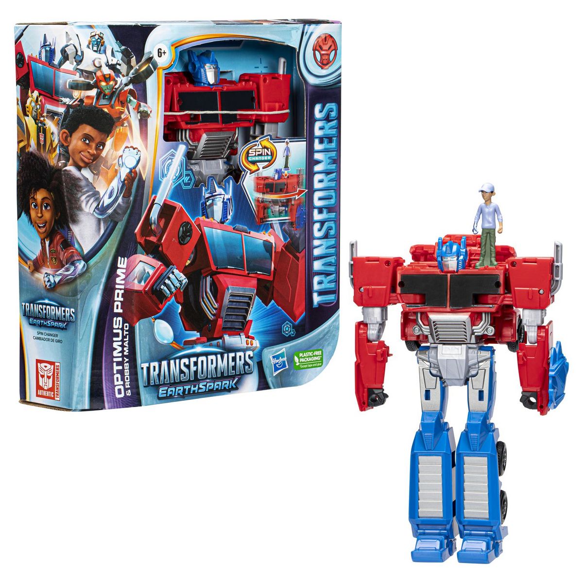 HASBRO Figurine Transformers EarthSpark Spin Changer Optimus Prime et Robby Malto