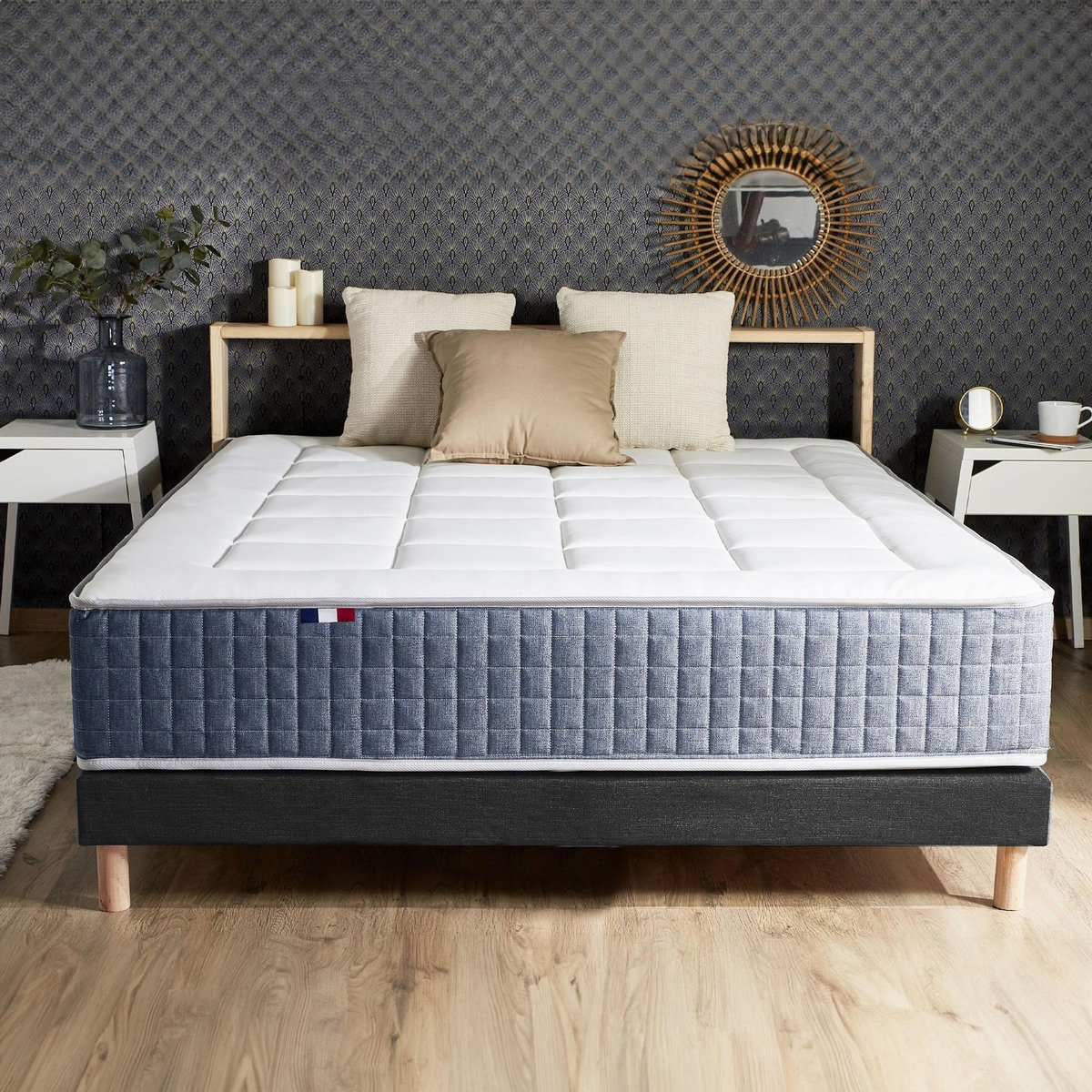 IDLITERIE Ensemble matelas ressort 7 zones KING STYLE, mémoire de forme, sommier, couette, oreillers