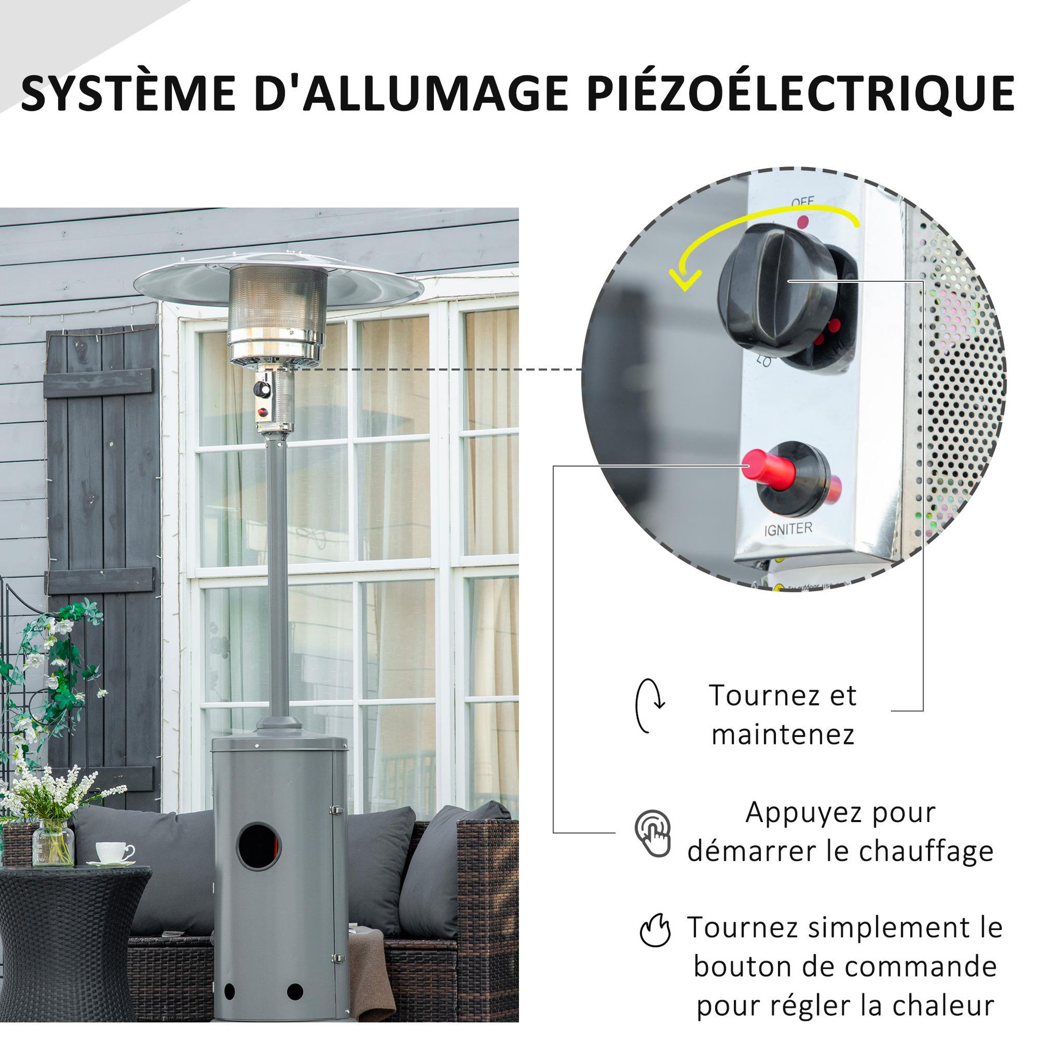 Voir la diapositive 6 : OUTSUNNY Parasol chauffant commercial 12,5 kW - chauffage extérieur gaz - chauffage de terrasse - double sécurité - puissance réglable - roulettes - acier inox. gris
