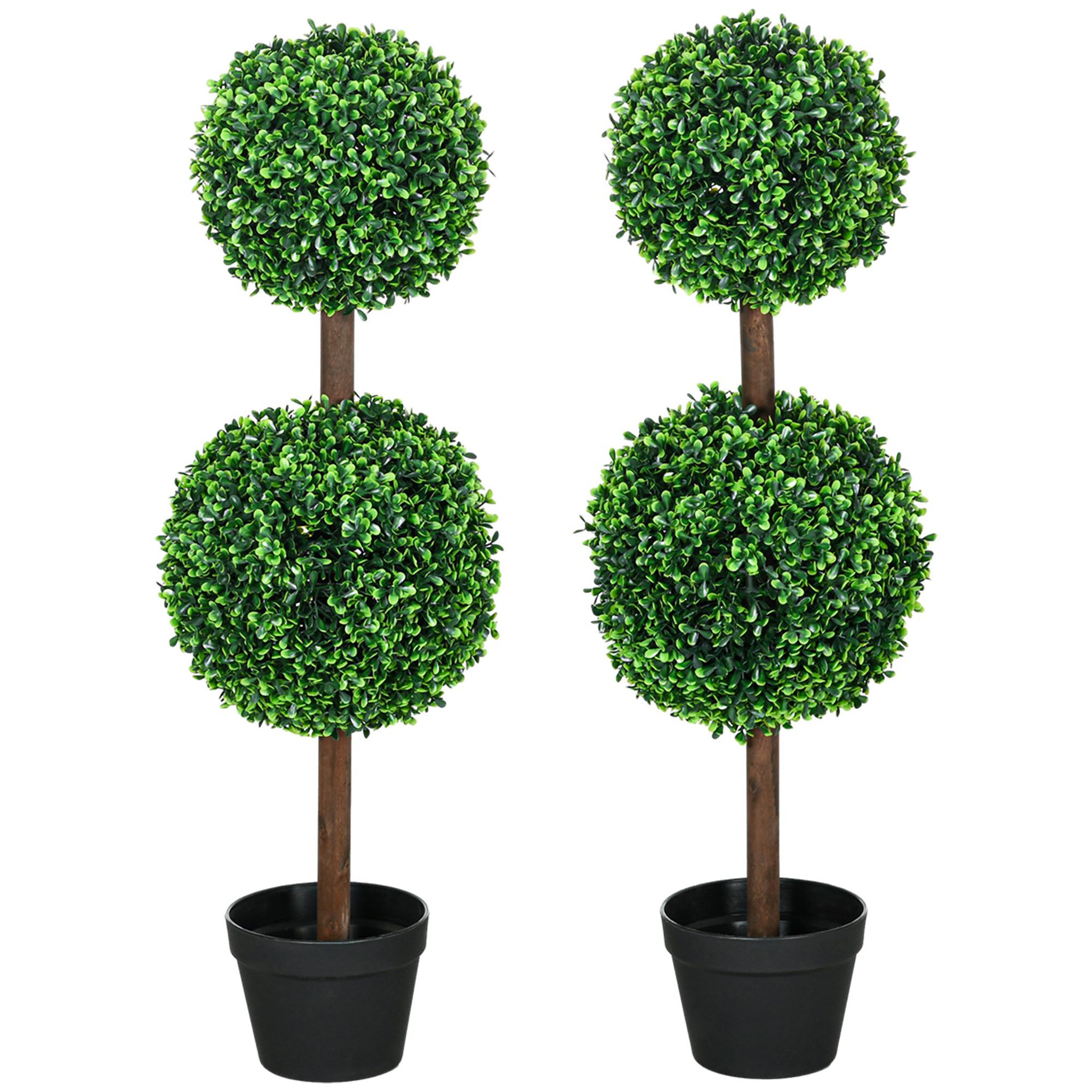 HOMCOM Lot de 2 buis artificiel double boules - cailloux et pot inclus - H.90 cm PE vert