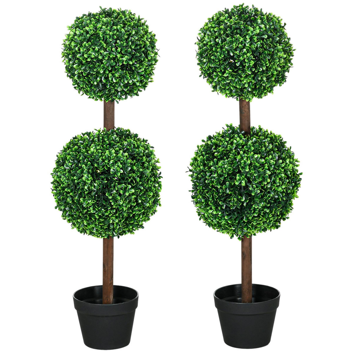 HOMCOM Lot de 2 buis artificiel double boules - cailloux et pot inclus - H.90 cm PE vert
