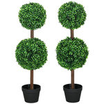 HOMCOM Lot de 2 buis artificiel double boules - cailloux et pot inclus - H.90 cm PE vert