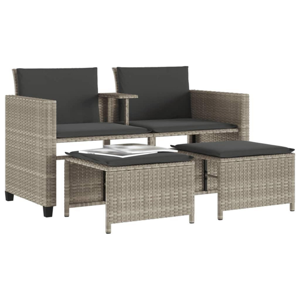 VIDAXL Canape de jardin 2 places avec table tabourets gris clair rotin