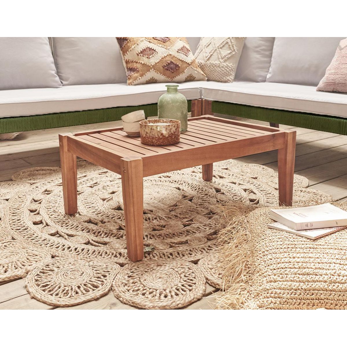 BEST MOBILIER Papua - salon de jardin en bois et corde kaki - 5 places - coussins beige