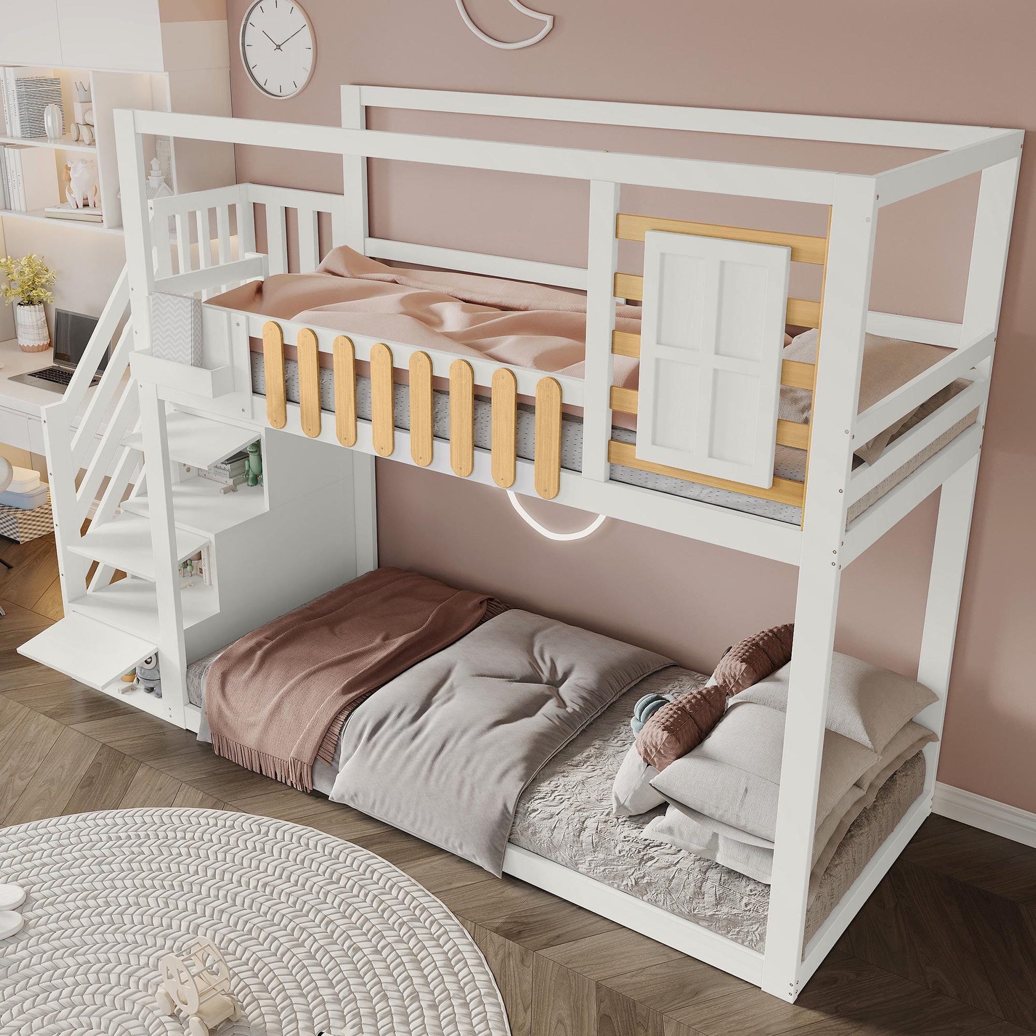 Voir la diapositive 5 : MERAX Lit superposé 90x200cm coloris blanc+naturel pin et mdf