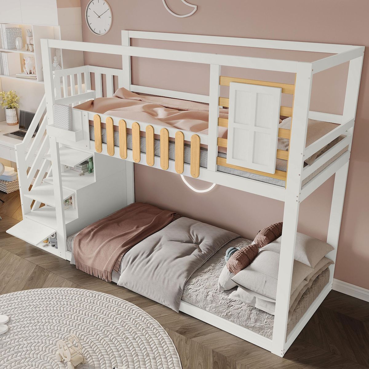 MERAX Lit superposé 90x200cm coloris blanc+naturel pin et mdf