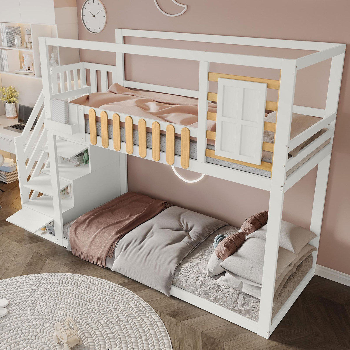 MERAX Lit superposé 90x200cm coloris blanc+naturel pin et mdf