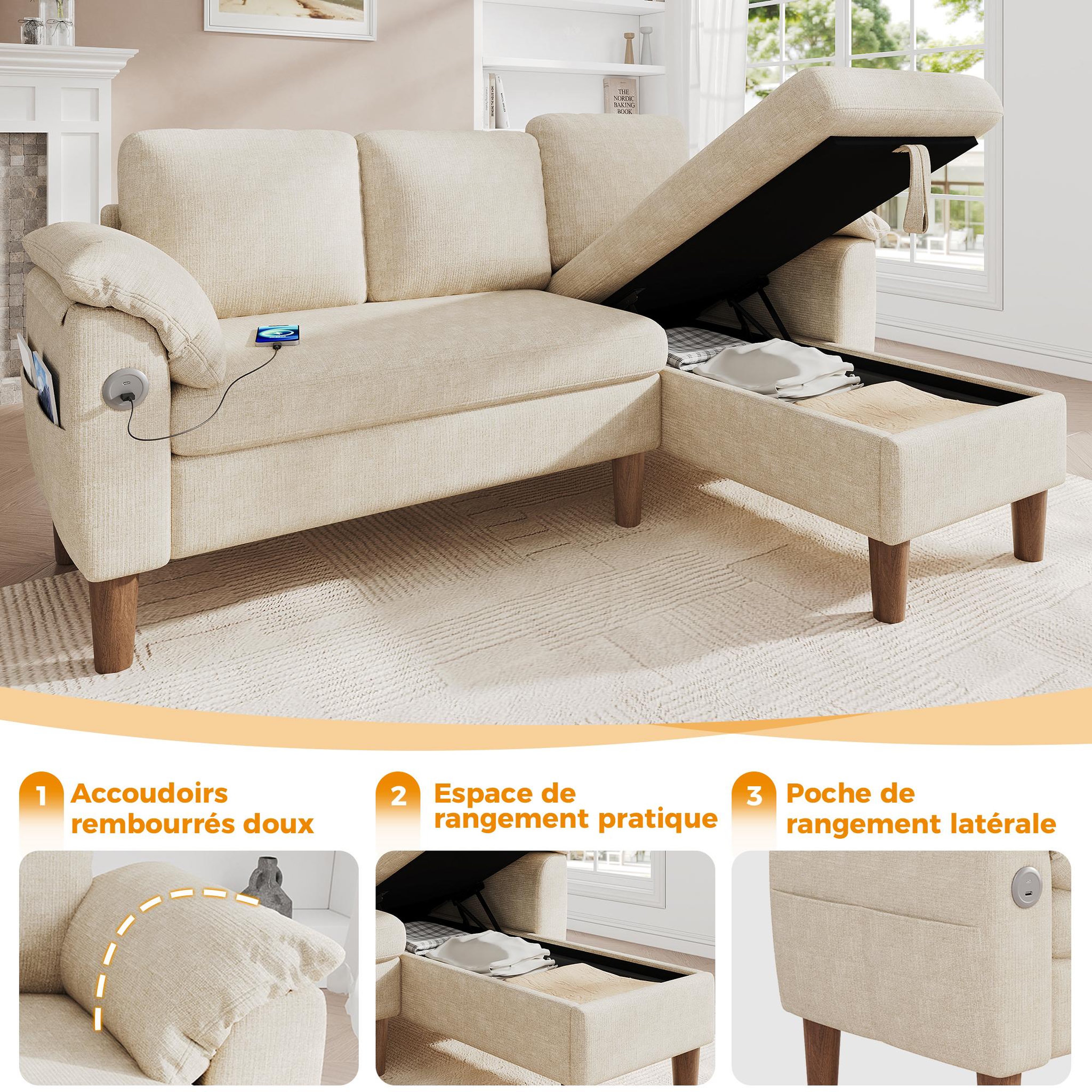 Voir la diapositive 5 : MERAX Canapé d'angle 3 places avec méridienne coffre tissu chenille usb type-c