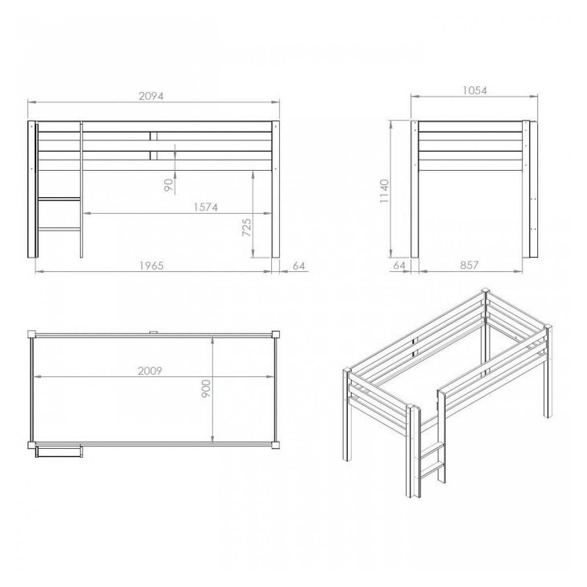 Paris Prix Lit Enfant Surélevé  Pino Dino  90x200cm Naturel