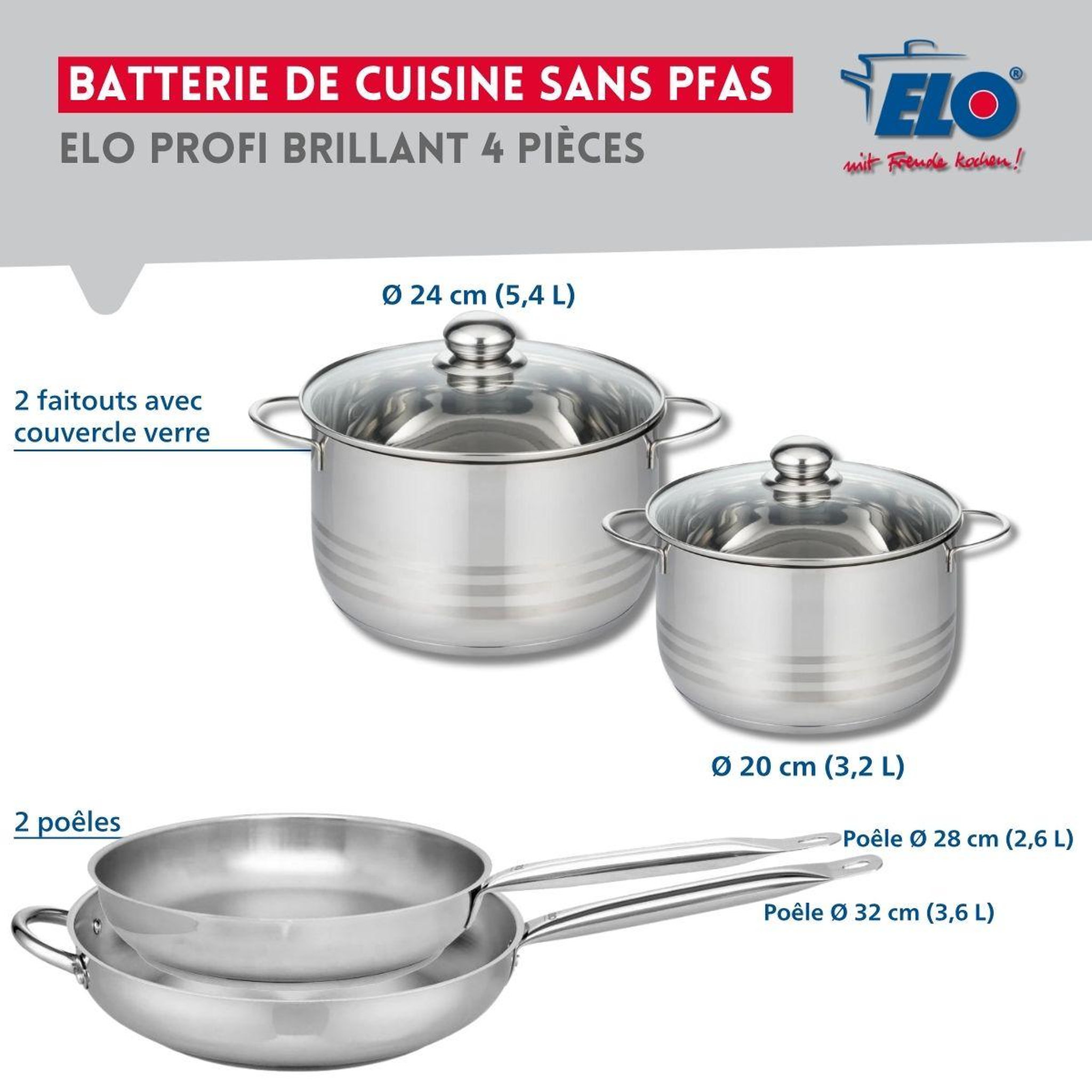 Voir la diapositive 2 : ELO Ensemble de 2 poêles de cuisson 28 et 32 cm et 2 faitouts 20 et 24 cm elo profi brillant