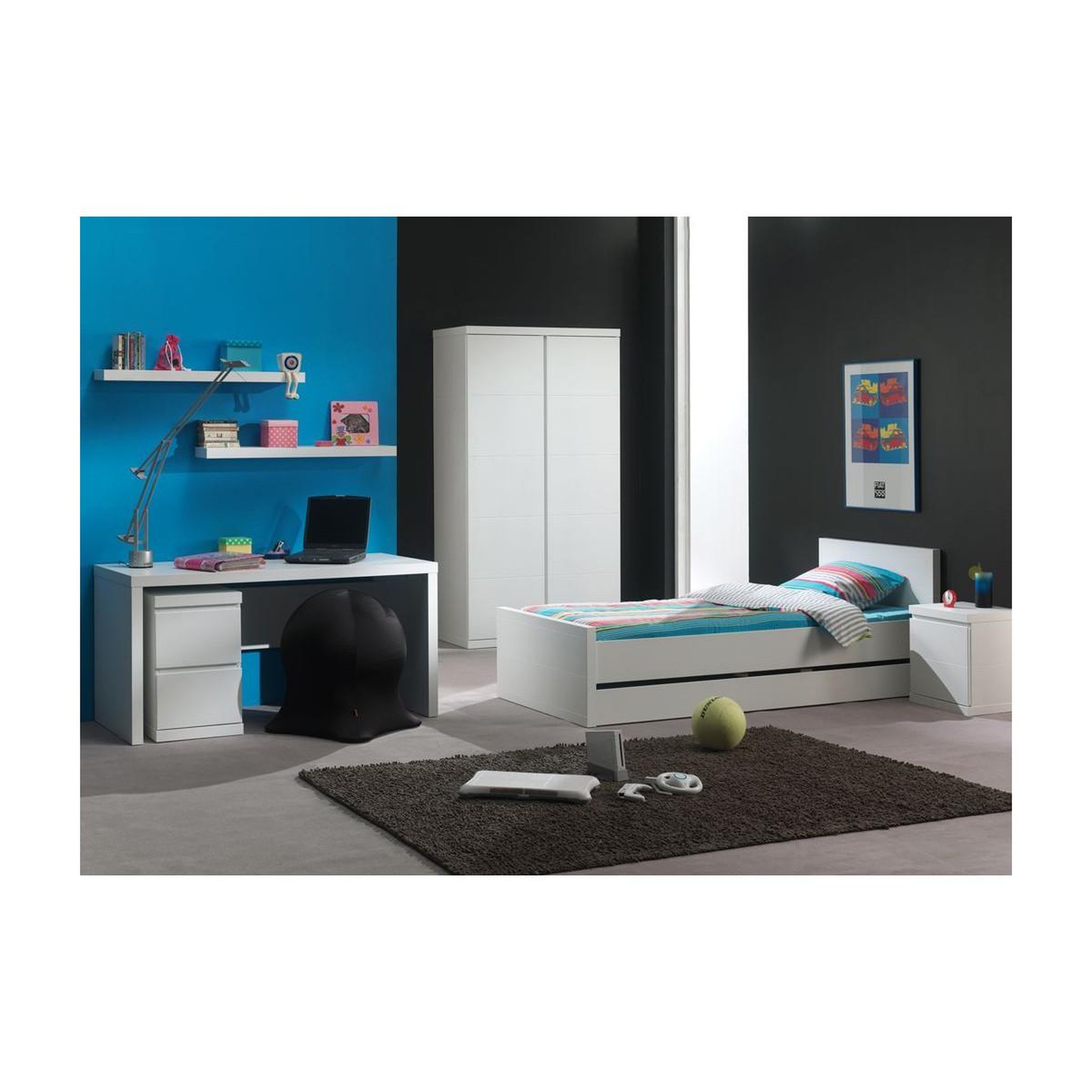 Voir la diapositive 6 : Paris Prix Pack - lit enfant, chevet, armoire & bureau  lara  90x200cm blanc