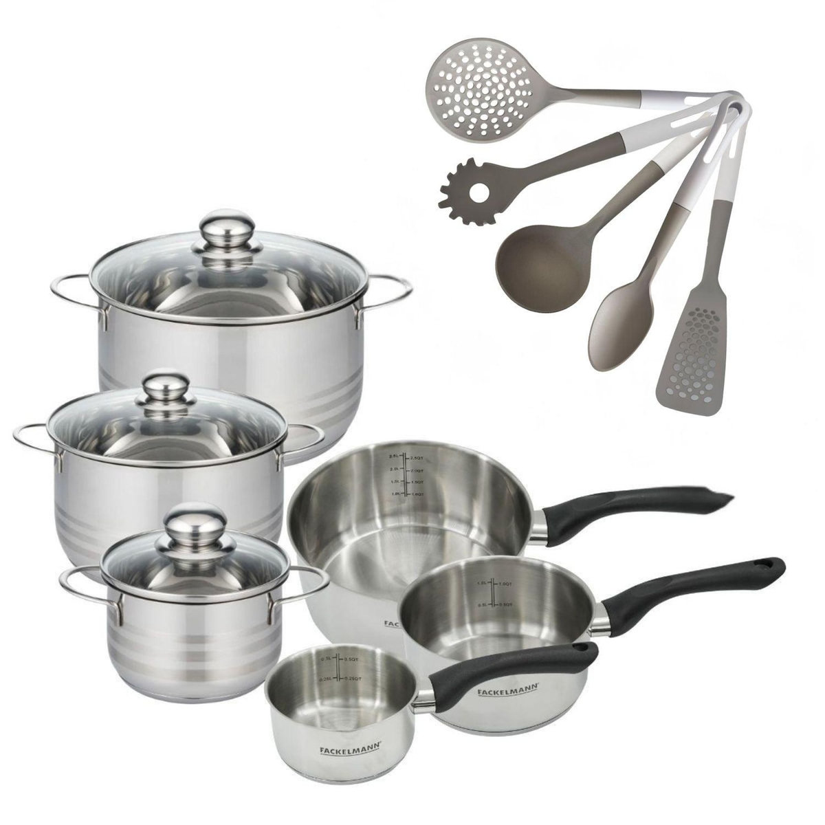 Fackelmann Lot 3 Faitouts 16/20/24 cm & 3 Casseroles 12/16/20 cm Fackelmann Geneva avec 5 Ustensiles