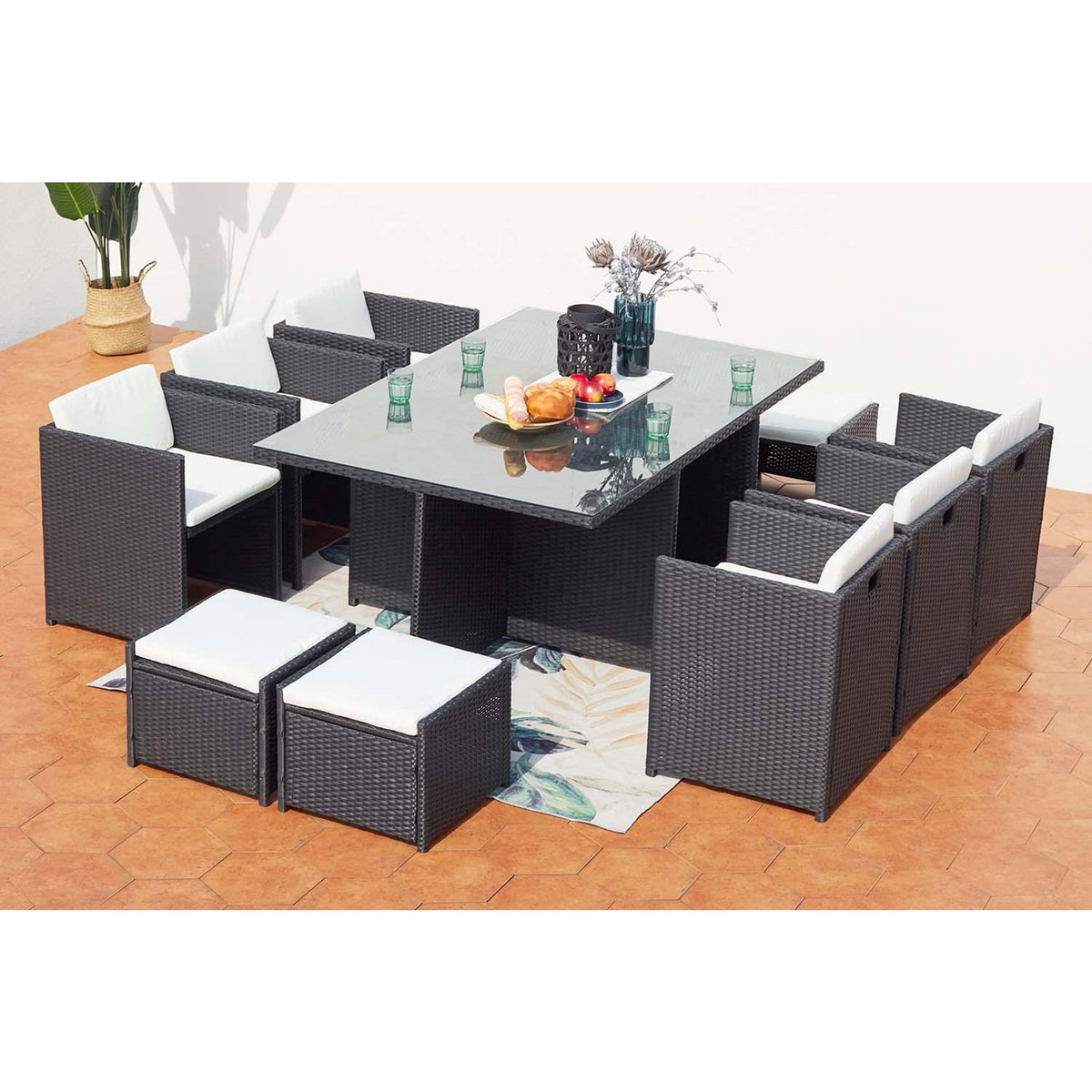 CONCEPT USINE Table et chaises 10 places encastrables résine noir-blanc MIAMI