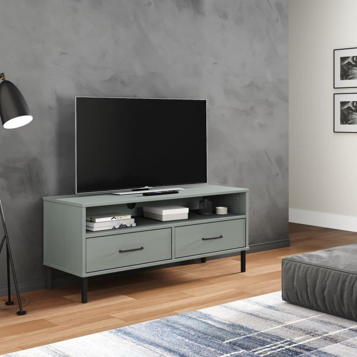 VIDAXL Meuble TV avec pieds en metal Gris Bois de pin massif OSLO